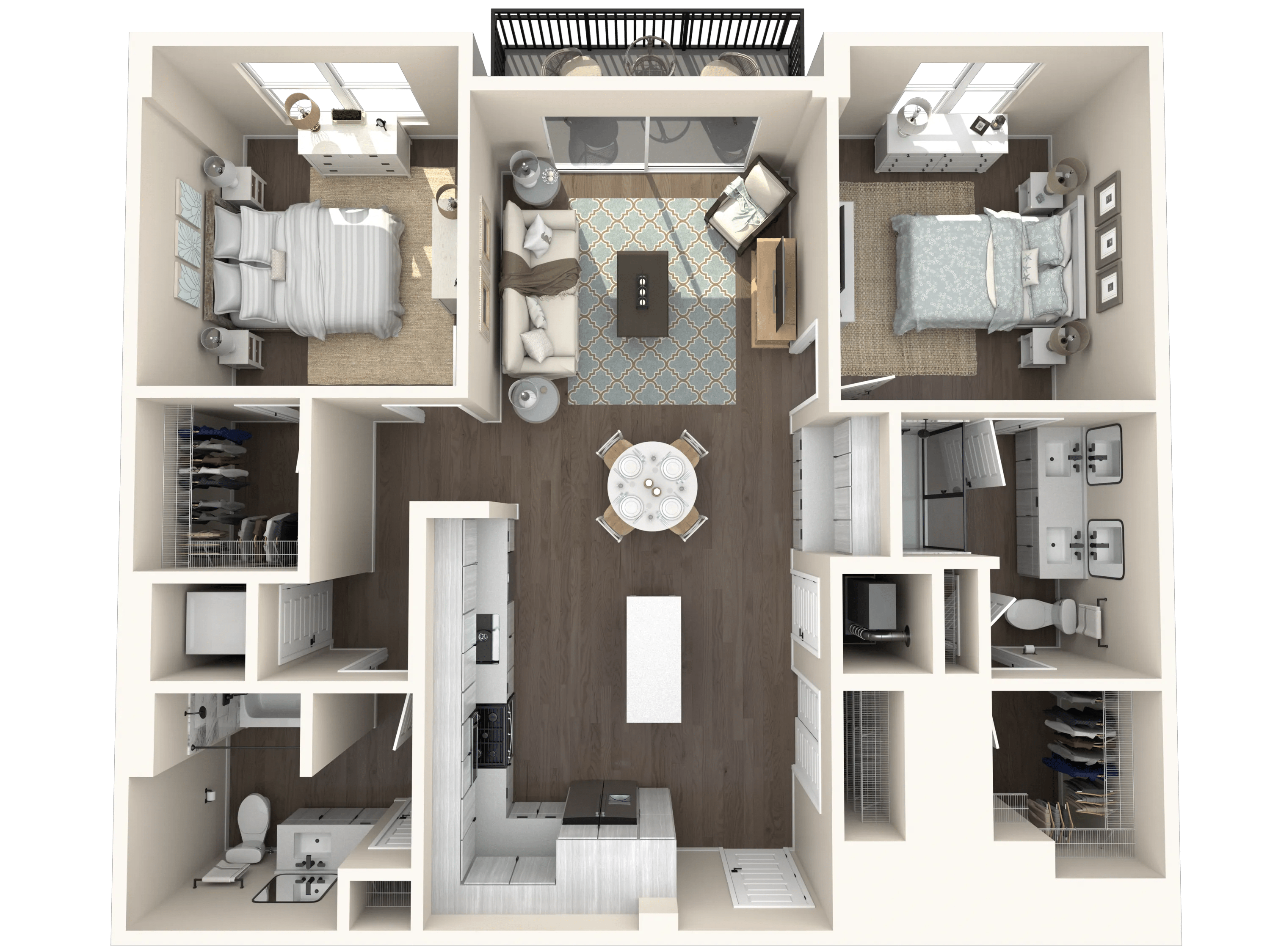 1118 square foot two bed two bath apartment floor plan in Miami, FL