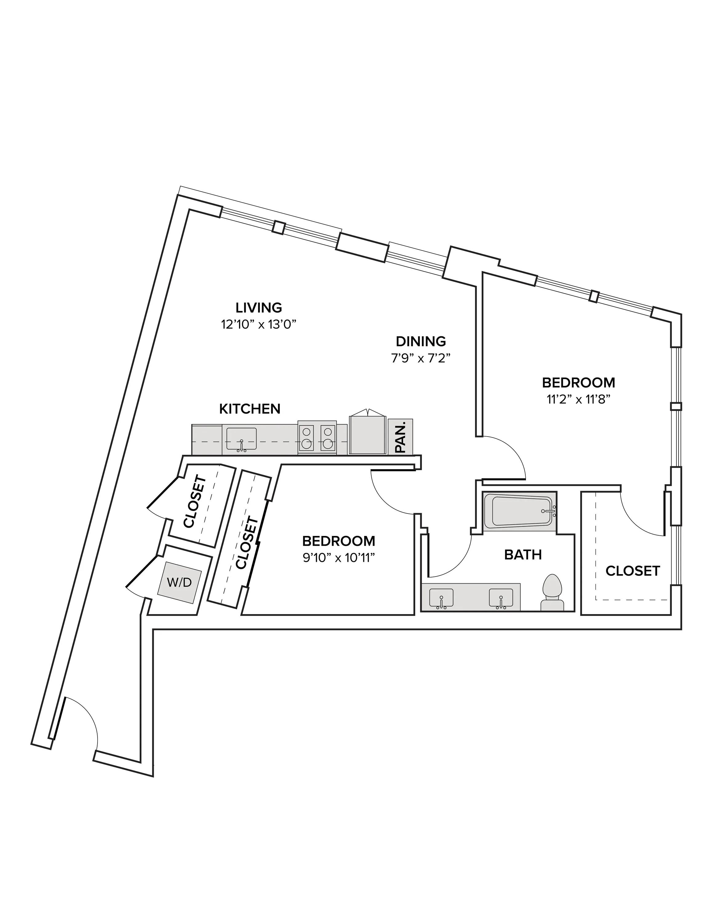 962 square foot studio one bath with a den apartment floor plan image