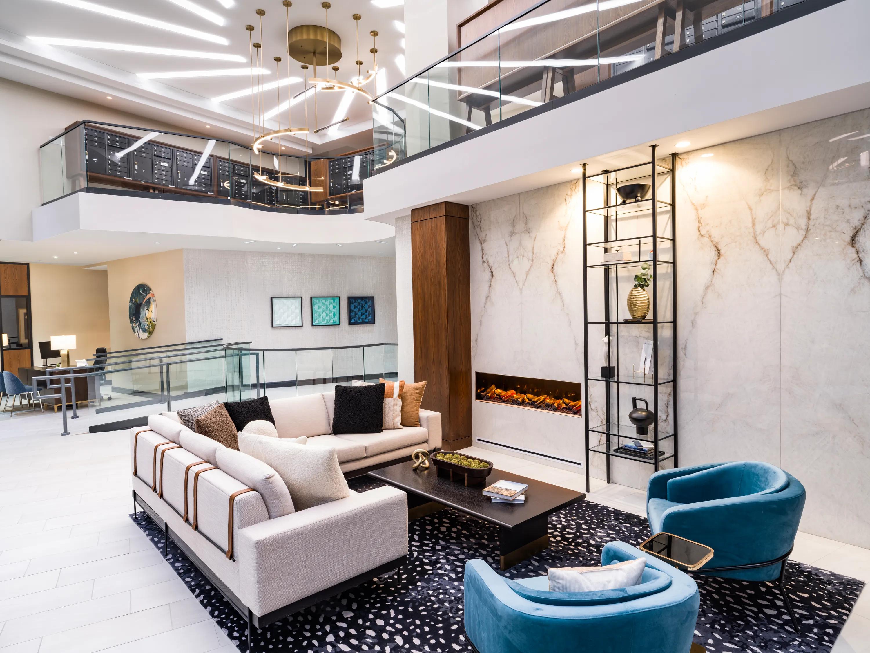 lobby with high ceilings and balcony modera mcgavock apartment homes for rent in nashville tn