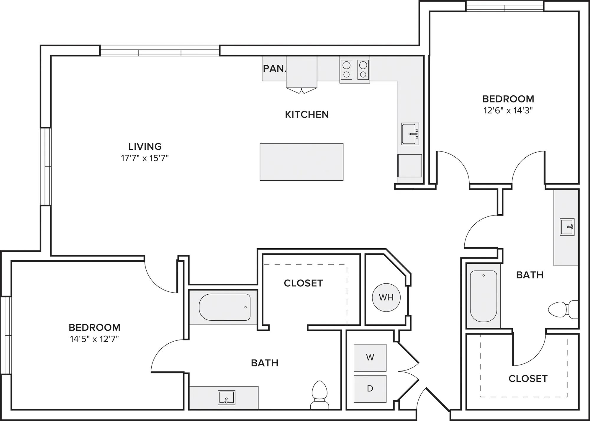 1246 square foot two bedroom two bath apartment floorplan image