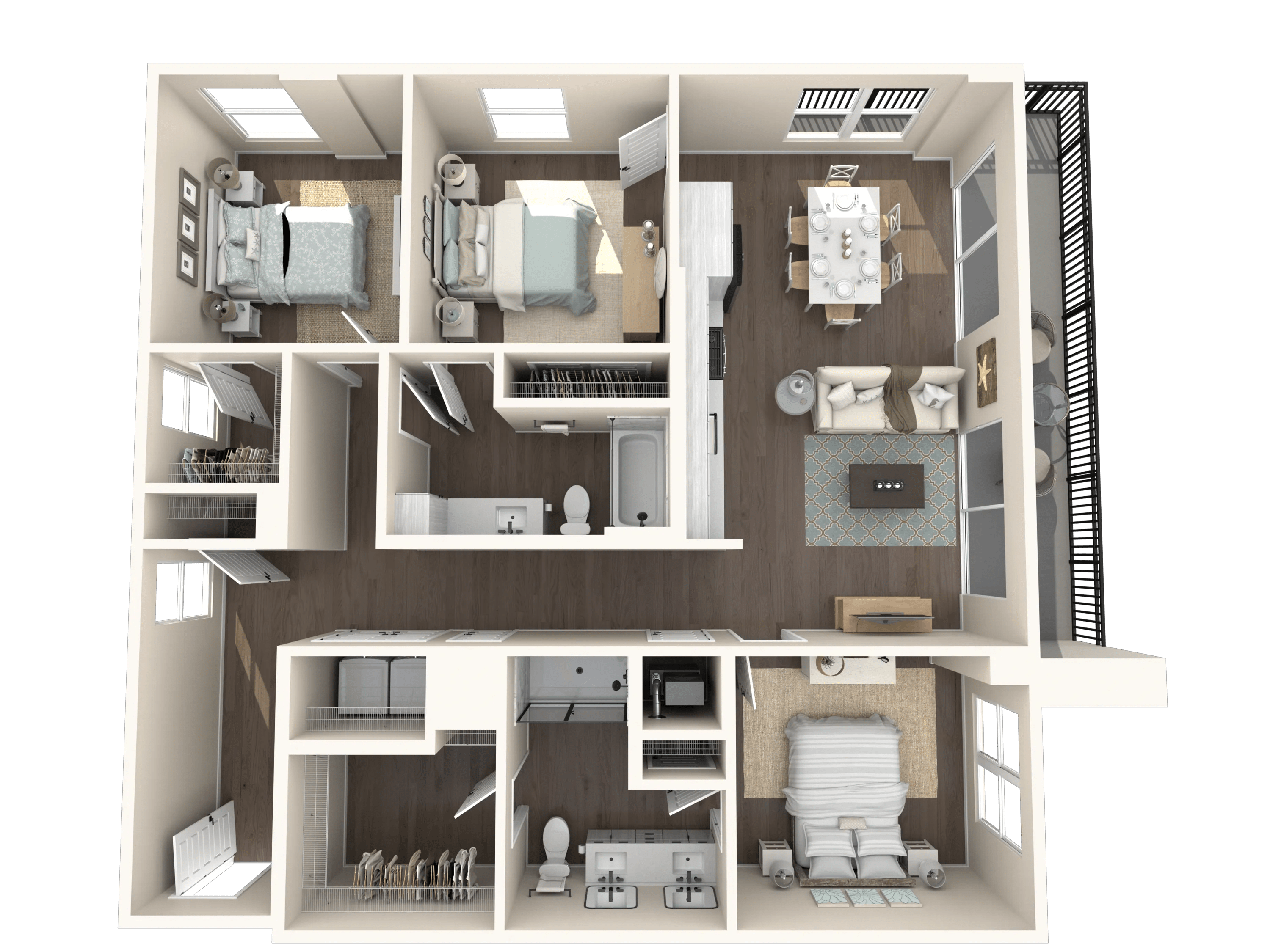 1480 square foot three bedroom two bath apartment floor plan image