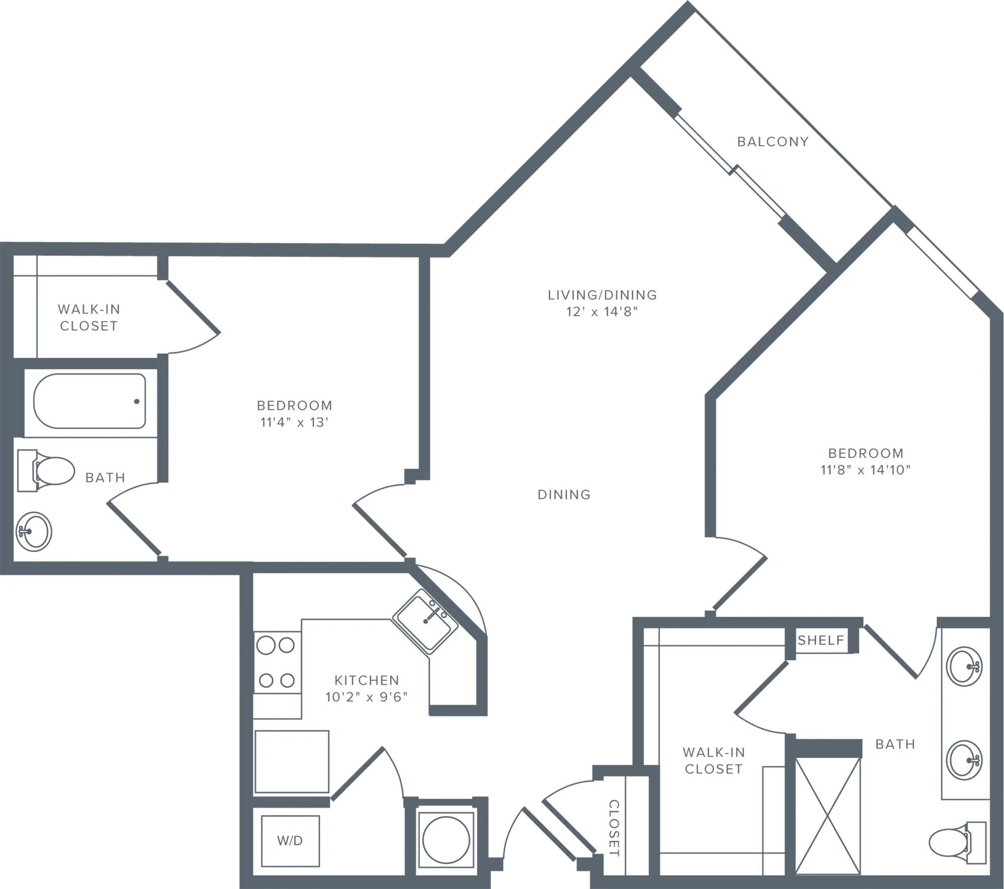 1052 square foot one bedroom with den two bath floorplan image