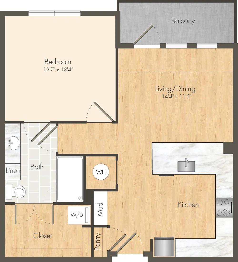 782 square foot one bedroom one bath apartment floor plan in Dallas, TX