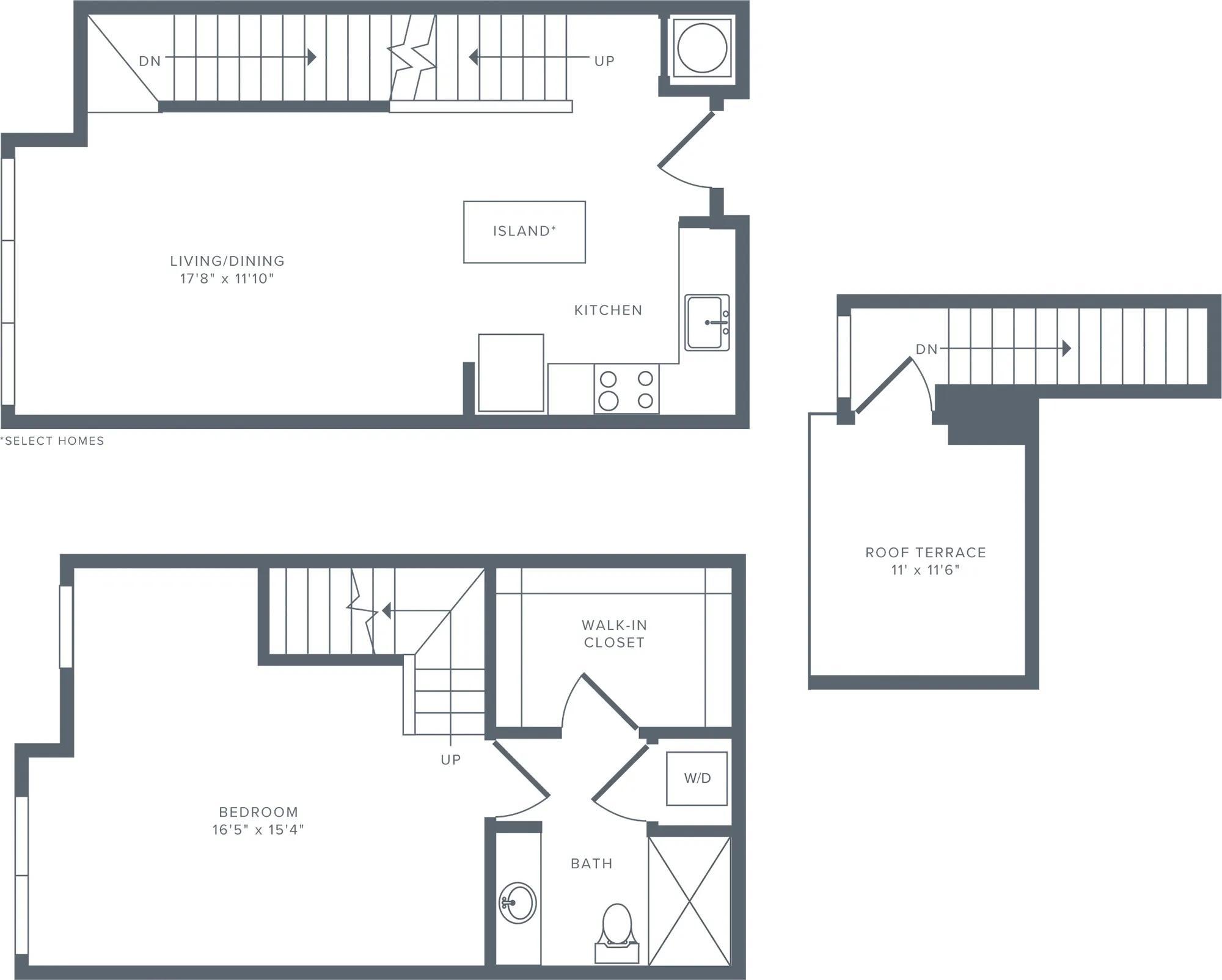 919 square foot one bedroom one bathroom townhome floorplan image