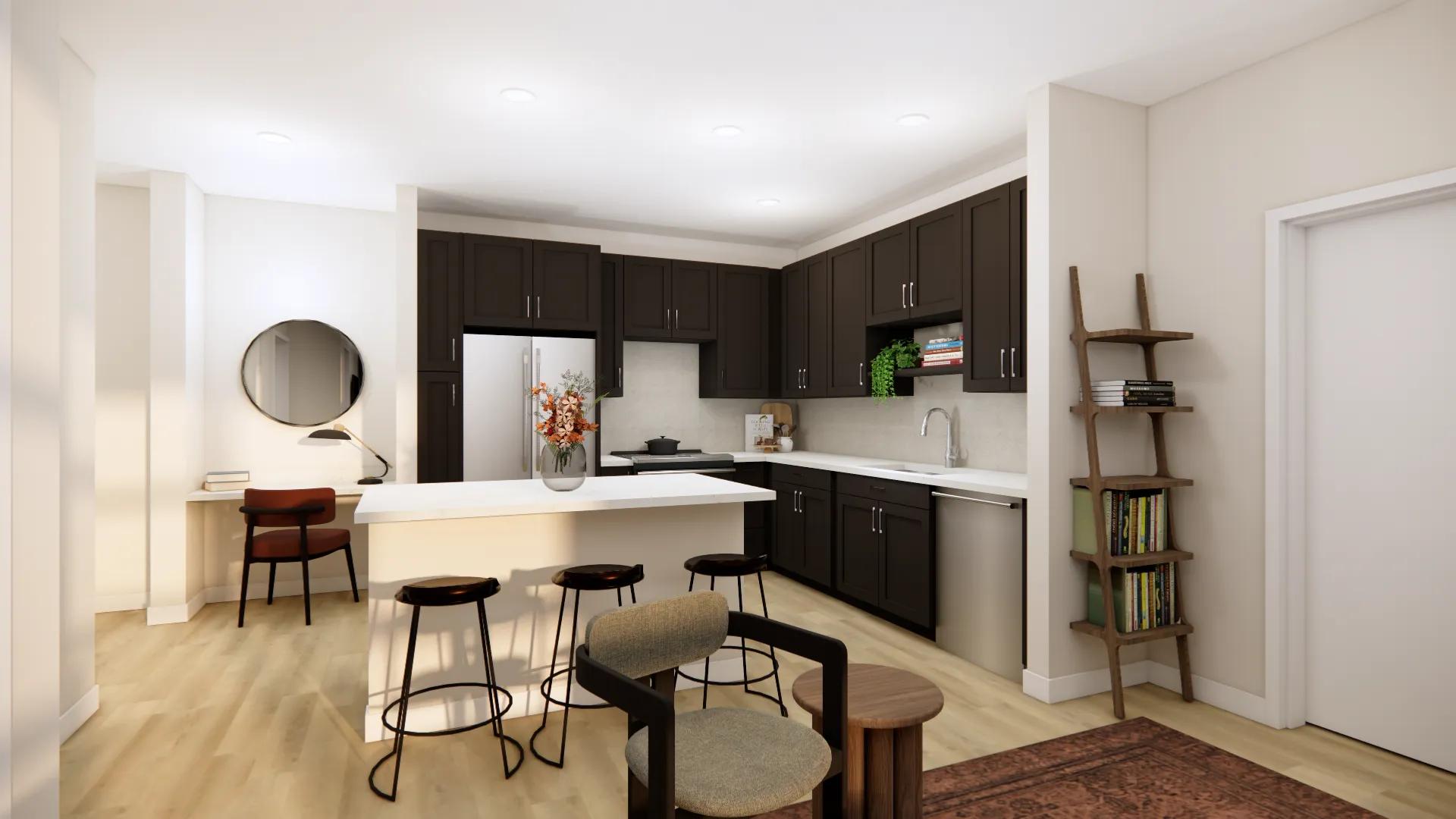 kitchen with office nook and dark cabinetry modera university park apartment homes for rent in denver co