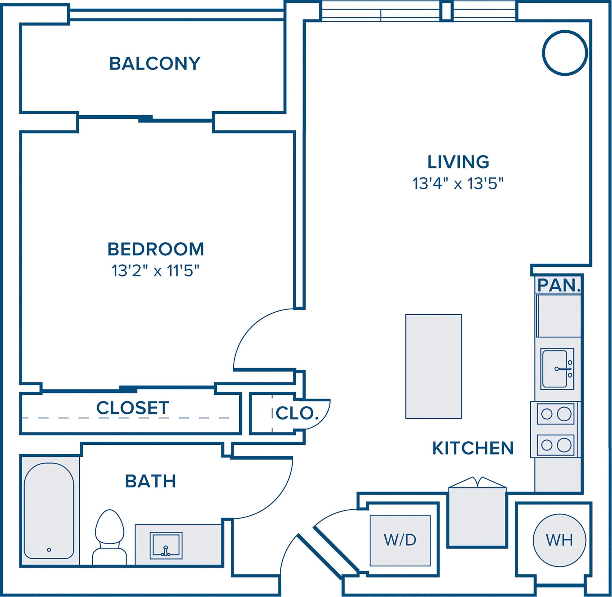 660 square foot one bedroom one bath apartment floorplan image