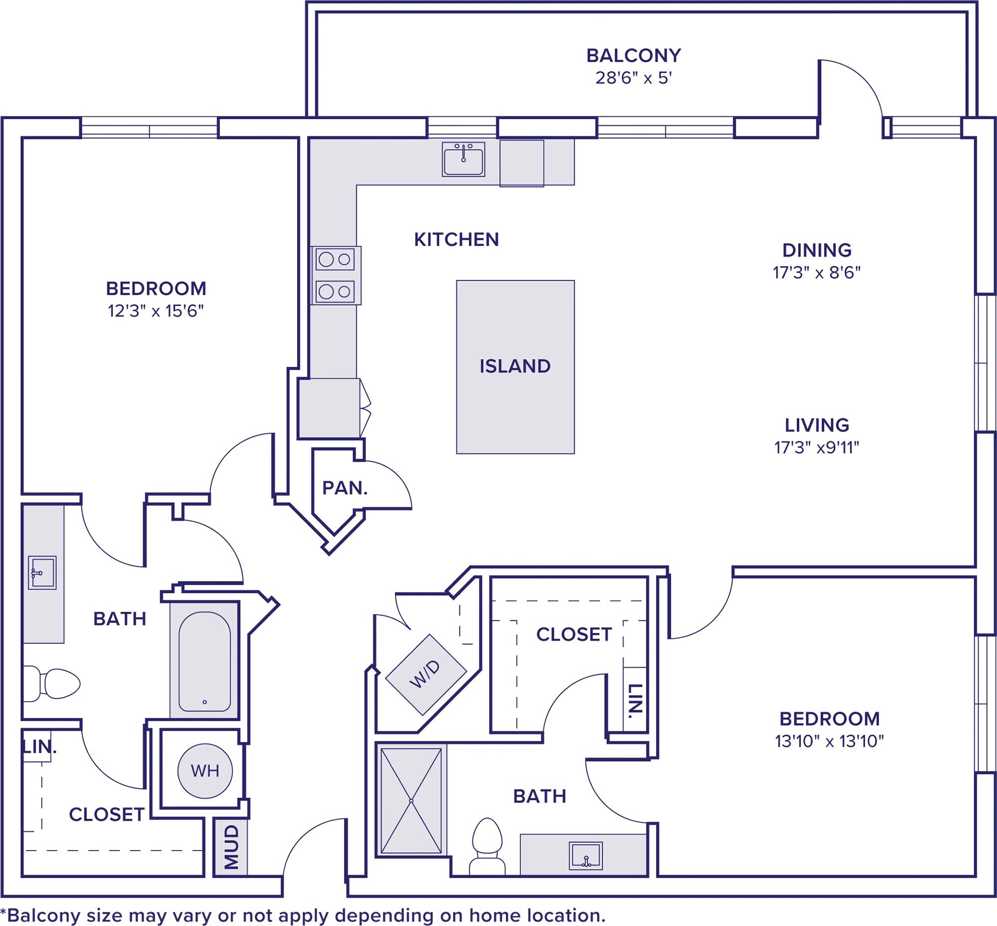 1372 square foot two bedroom two bath apartment floor plan in McKinney, TX