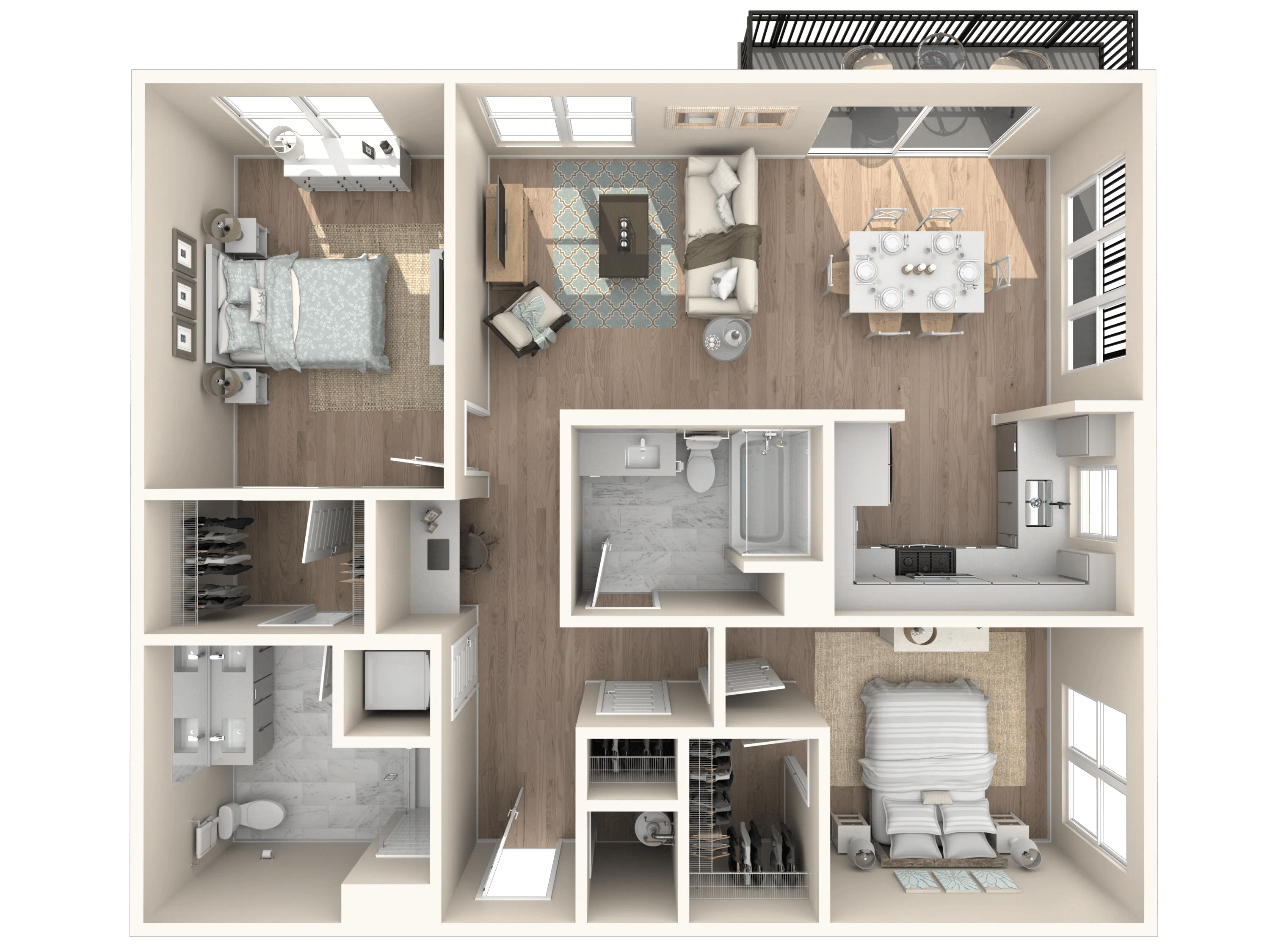 1233 square foot two bed two bath floor plan in Tampa, FL