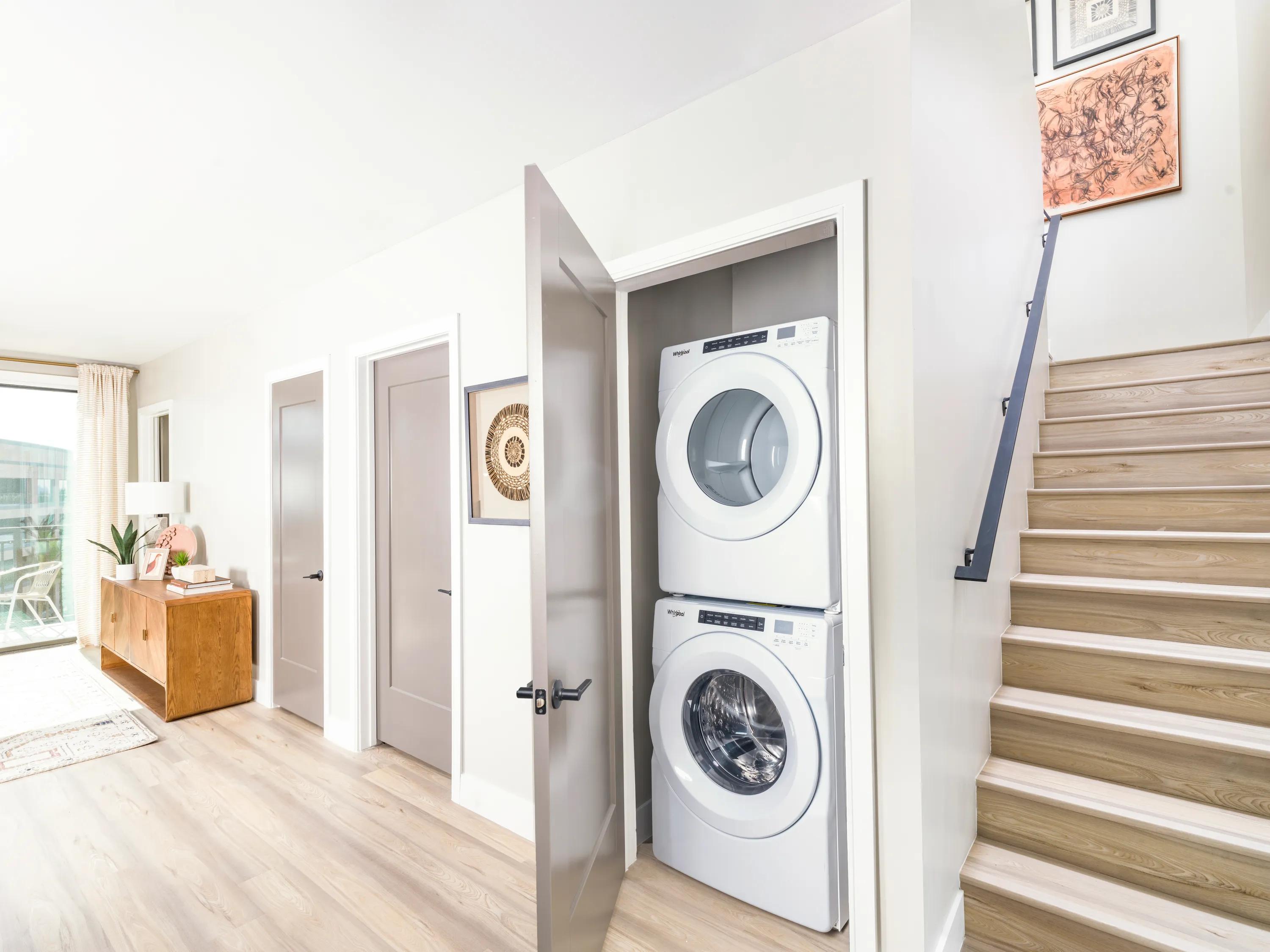 washer and dryer in closet adjacent to stairs modera reserve apartment homes for rent in scottsdale az