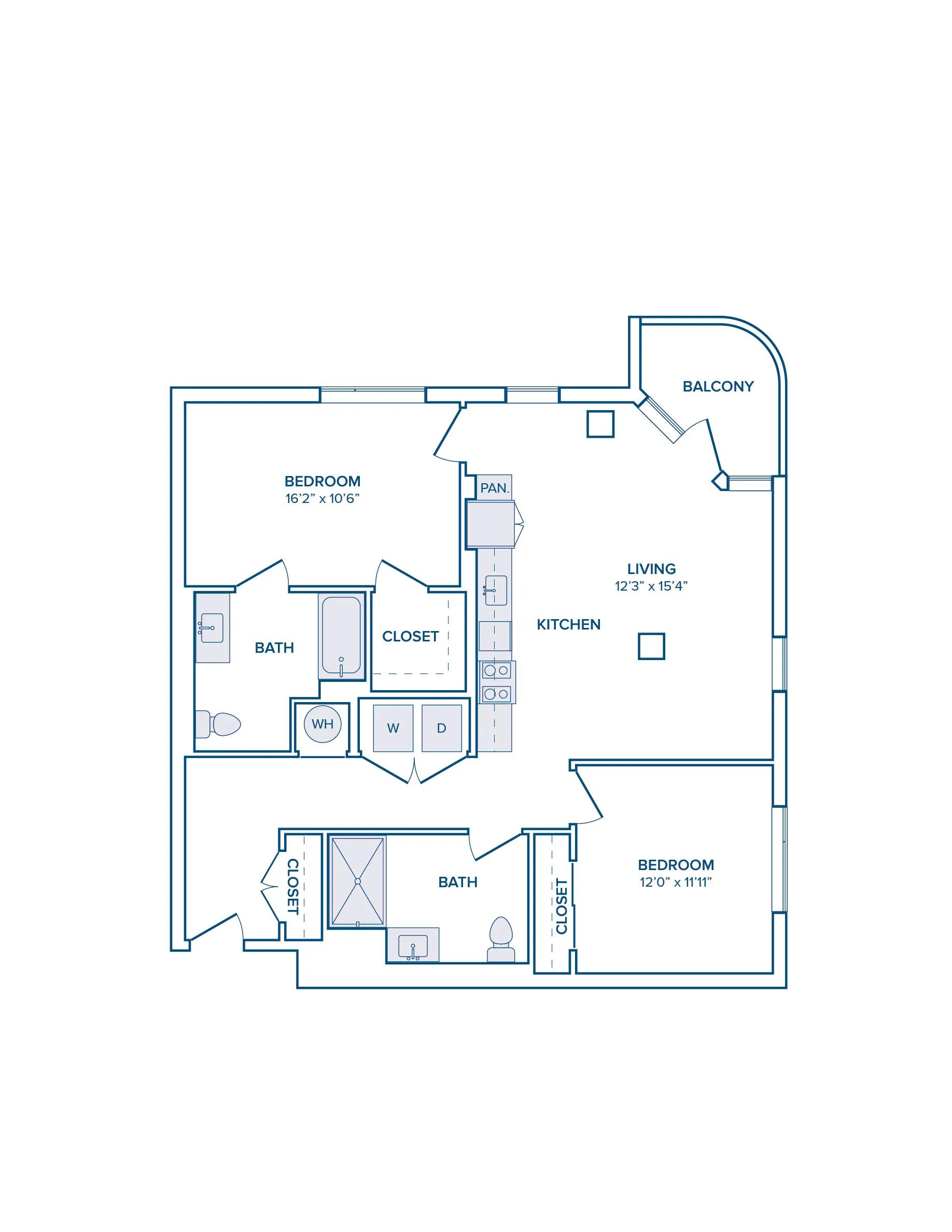 1142 square foot two bed two bath with garage apartment floor plan image