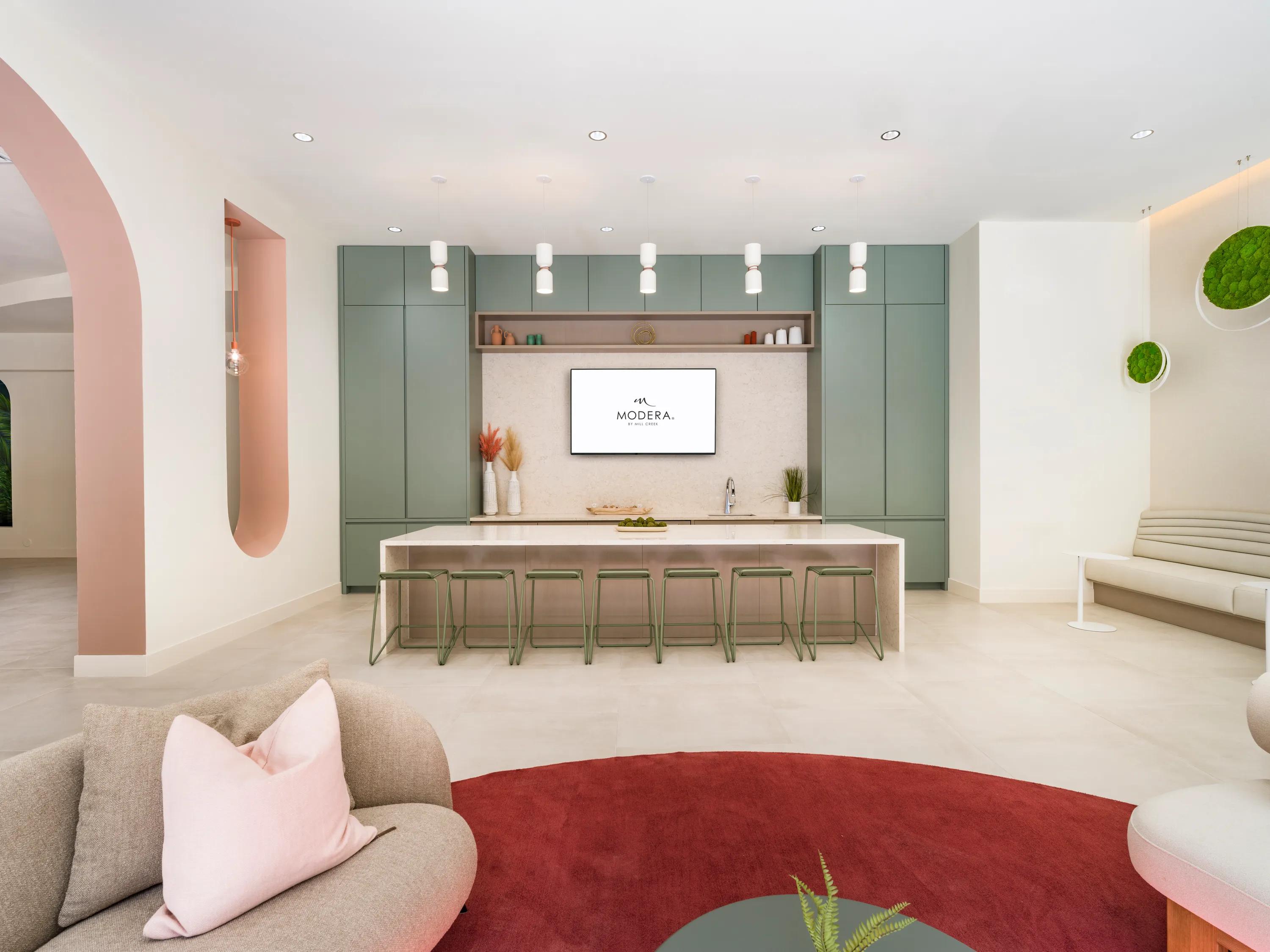 seating area with premium finishes throughout at modera academical village apartment homes for rent in davie fl