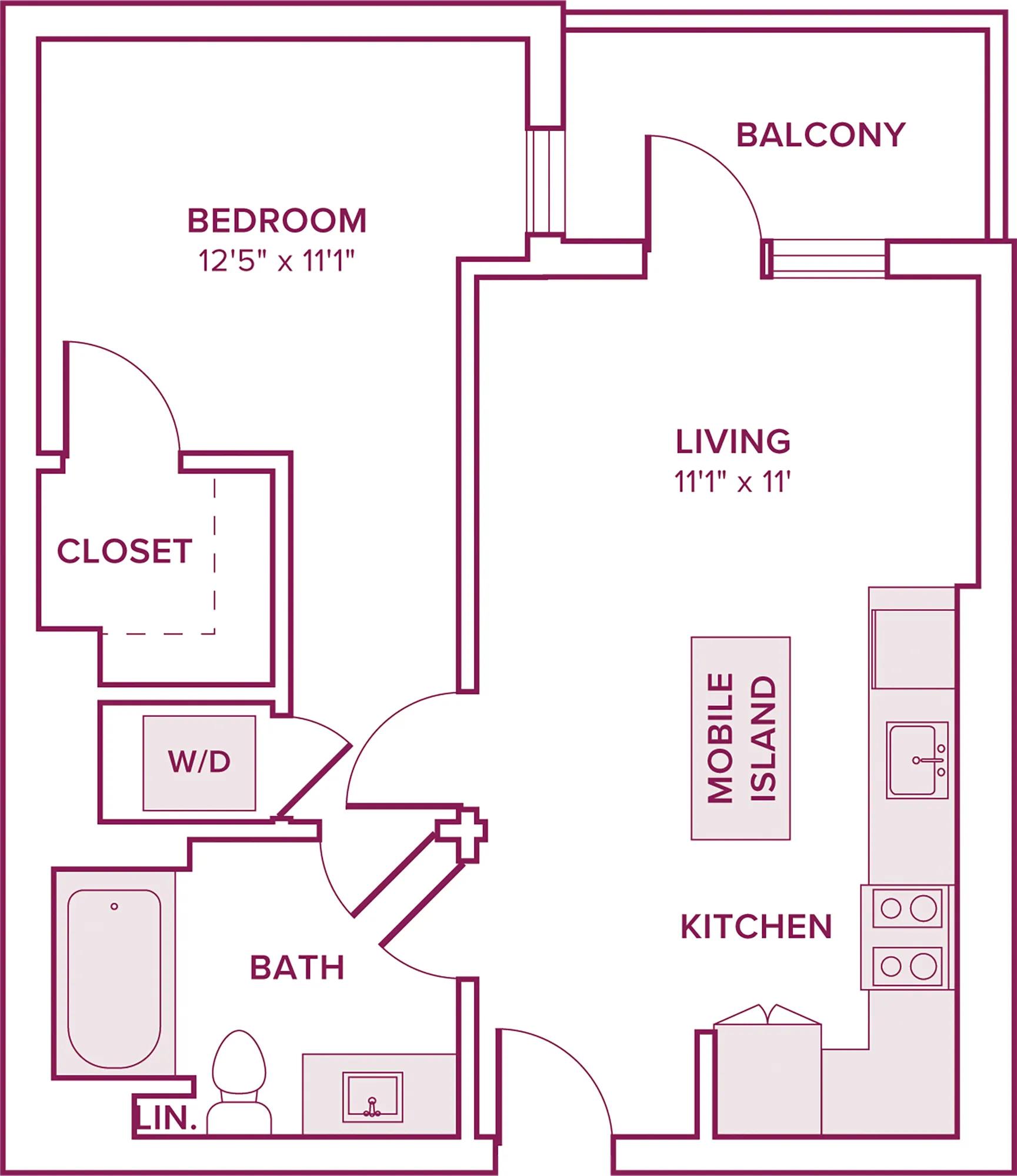 594 square foot one bed one bath floor plan in Argyle, CA