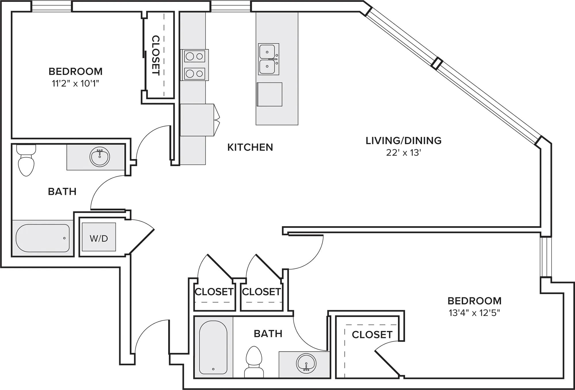 1213 square foot two bedroom two bath apartment floorplan image