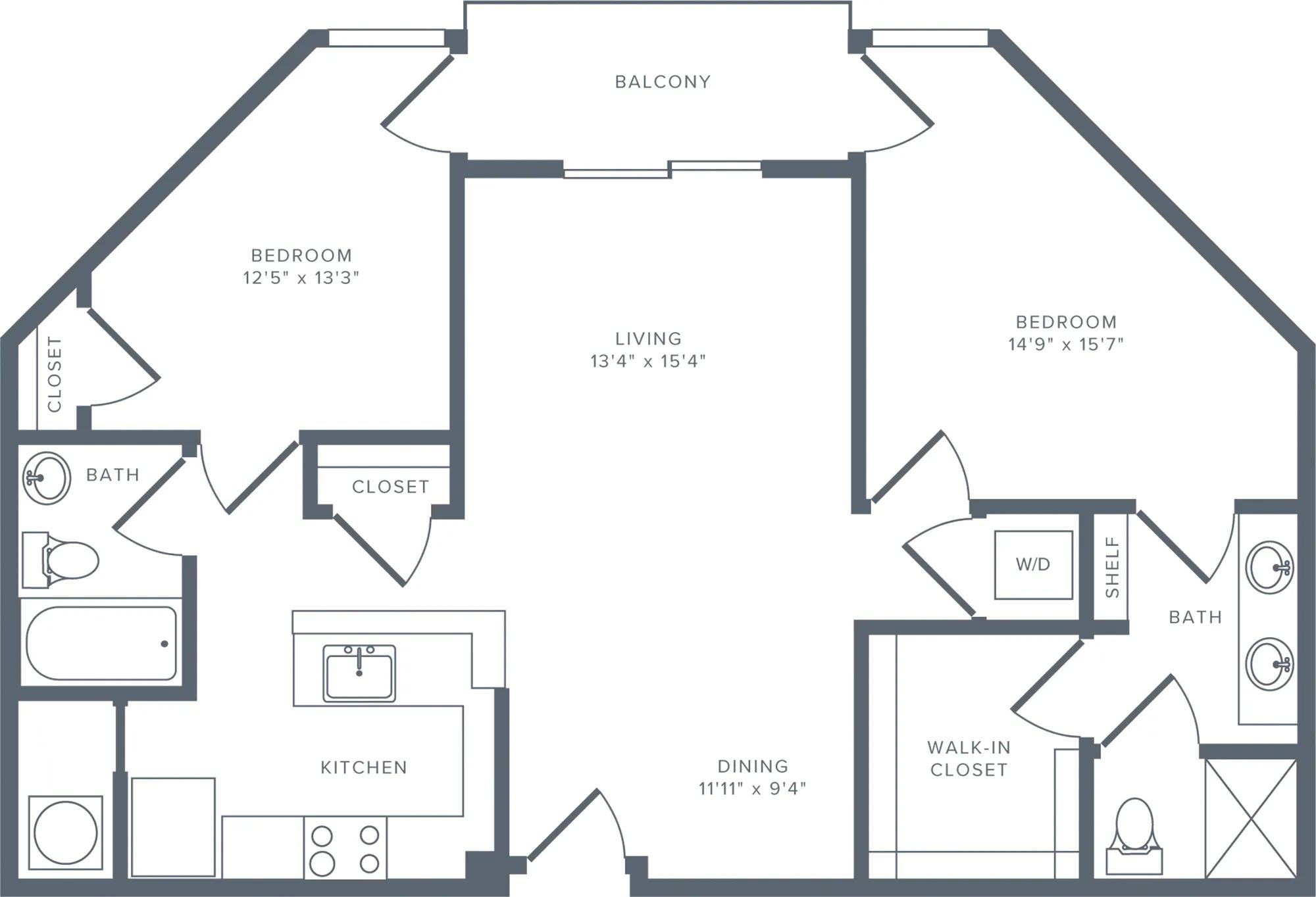 1117 square foot two bedroom two bath floorplan image