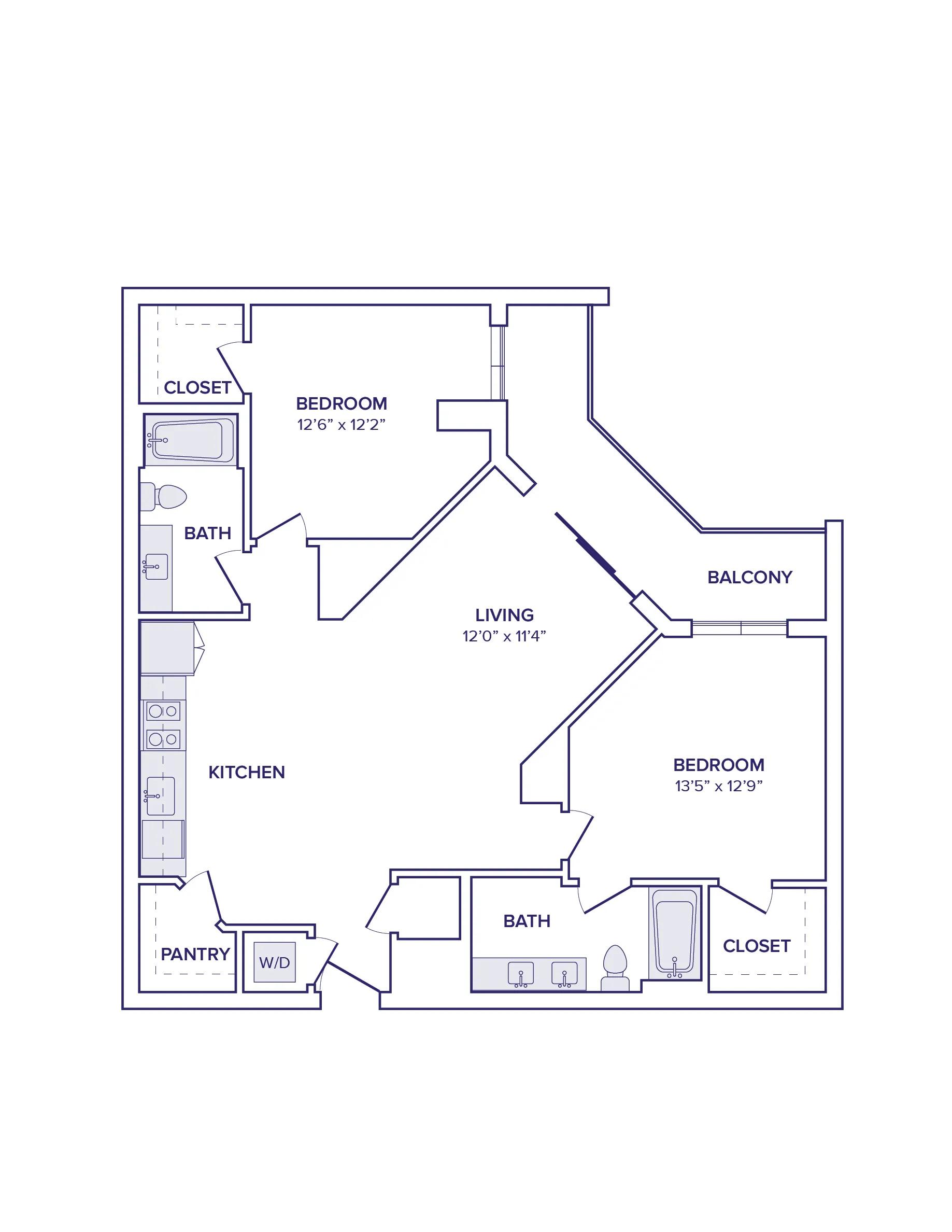 1019 square foot two bed two bath apartment floor plan image
