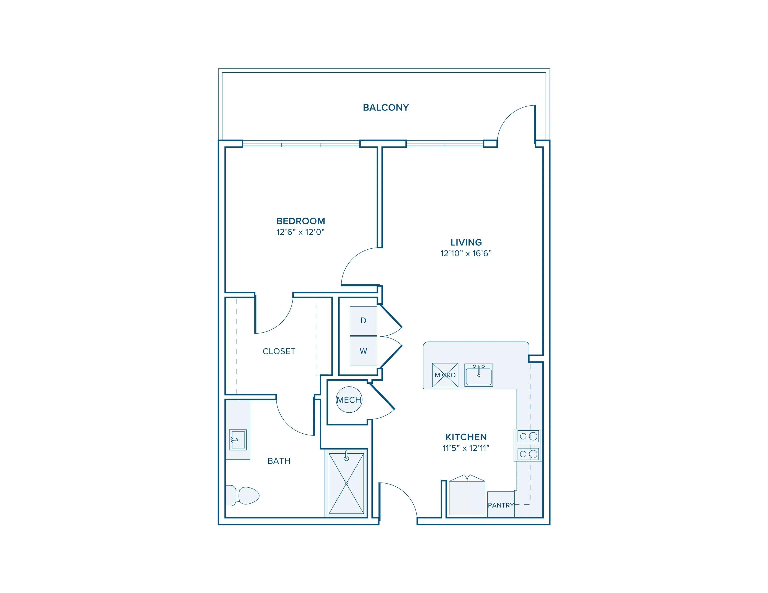 747 square foot one bed one bath apartment floor plan in Charlotte, NC