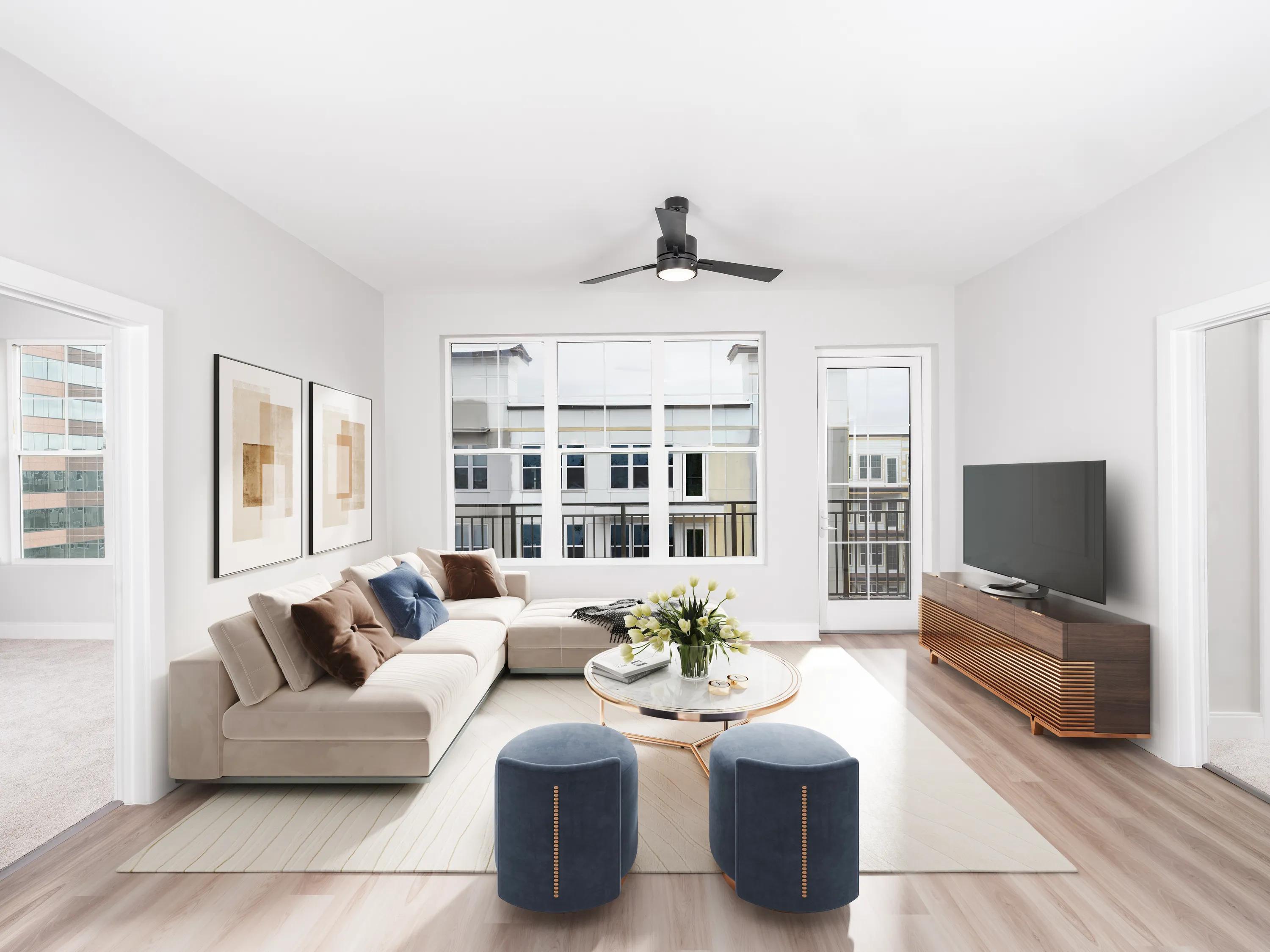 living room with large window and balcony modera liberty row apartment homes for rent in in charlotte nc