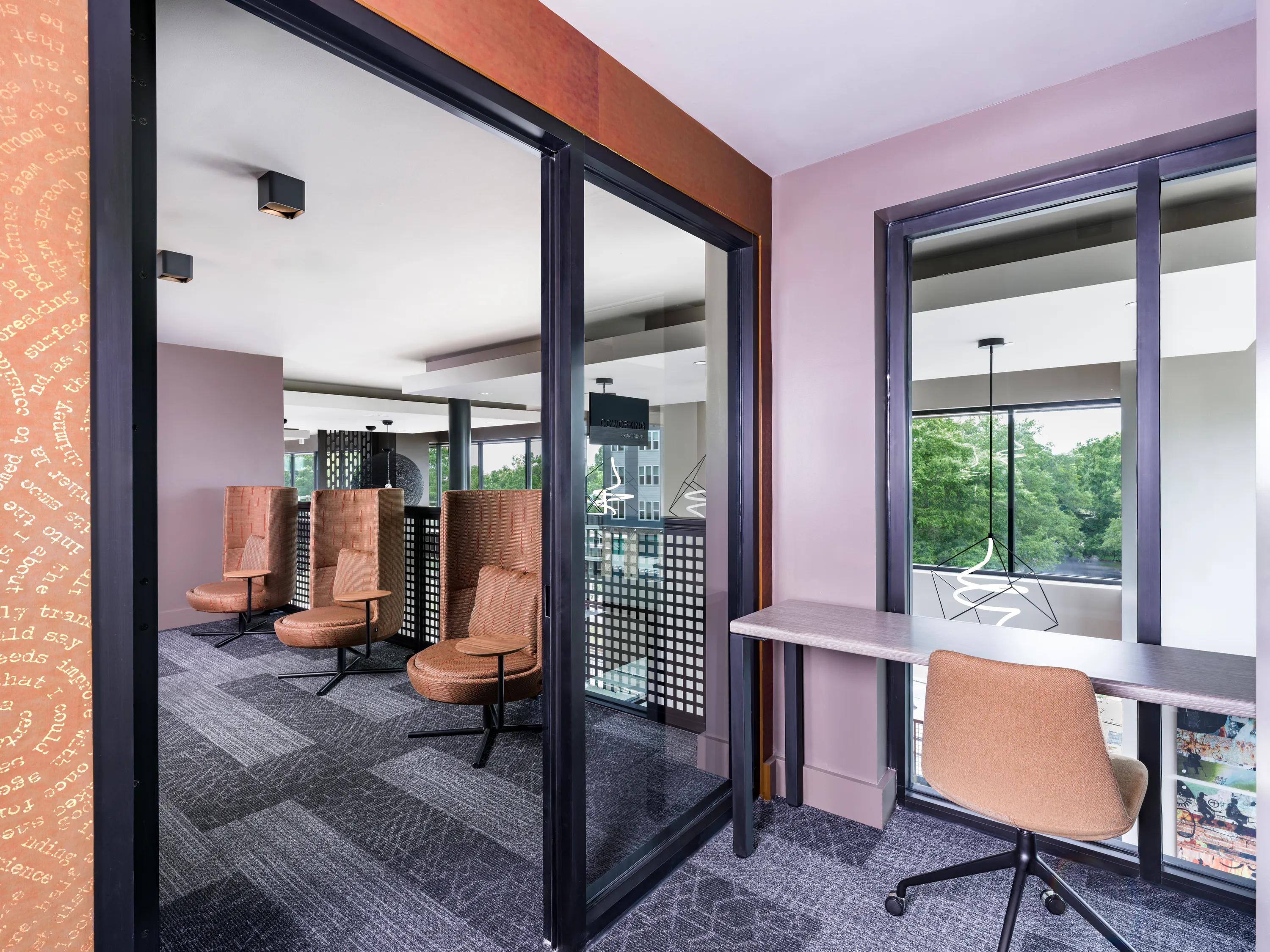 Coworking spaces with comfortable seating areas and private workstations modera loso