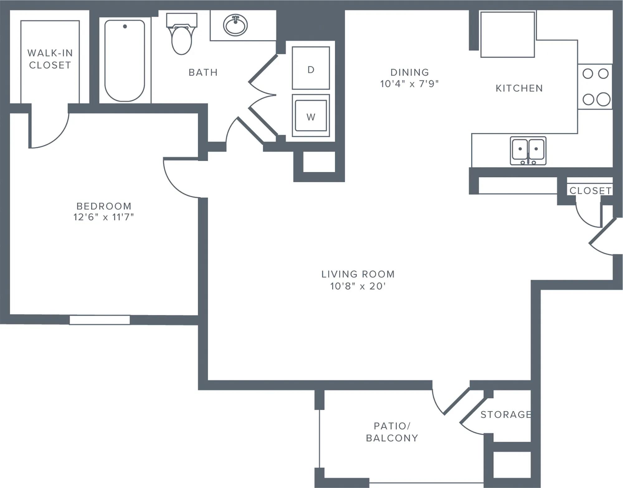899 square foot one bedroom one bath apartment floorplan image