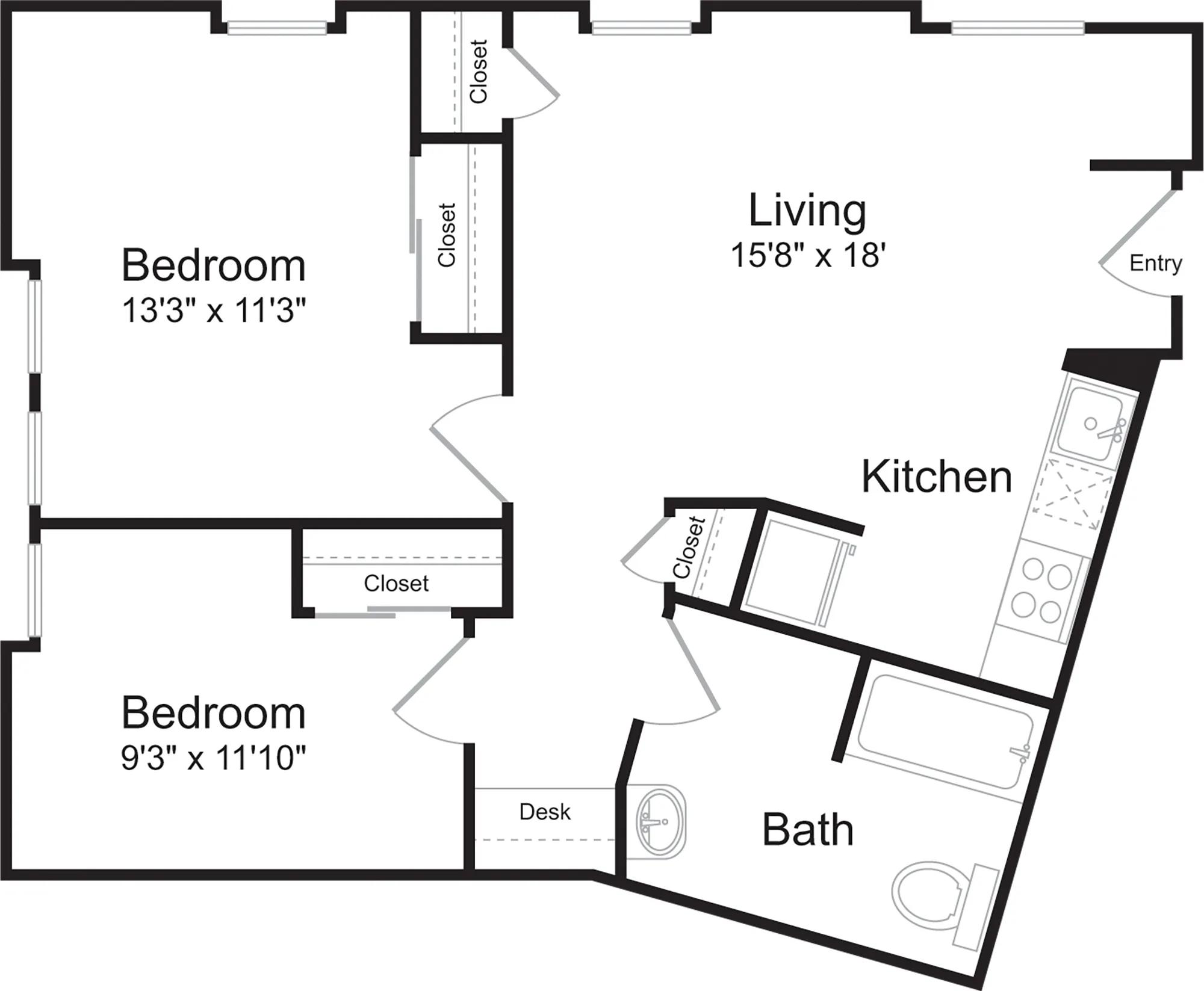 677 square foot two bedroom one bath floor plan image