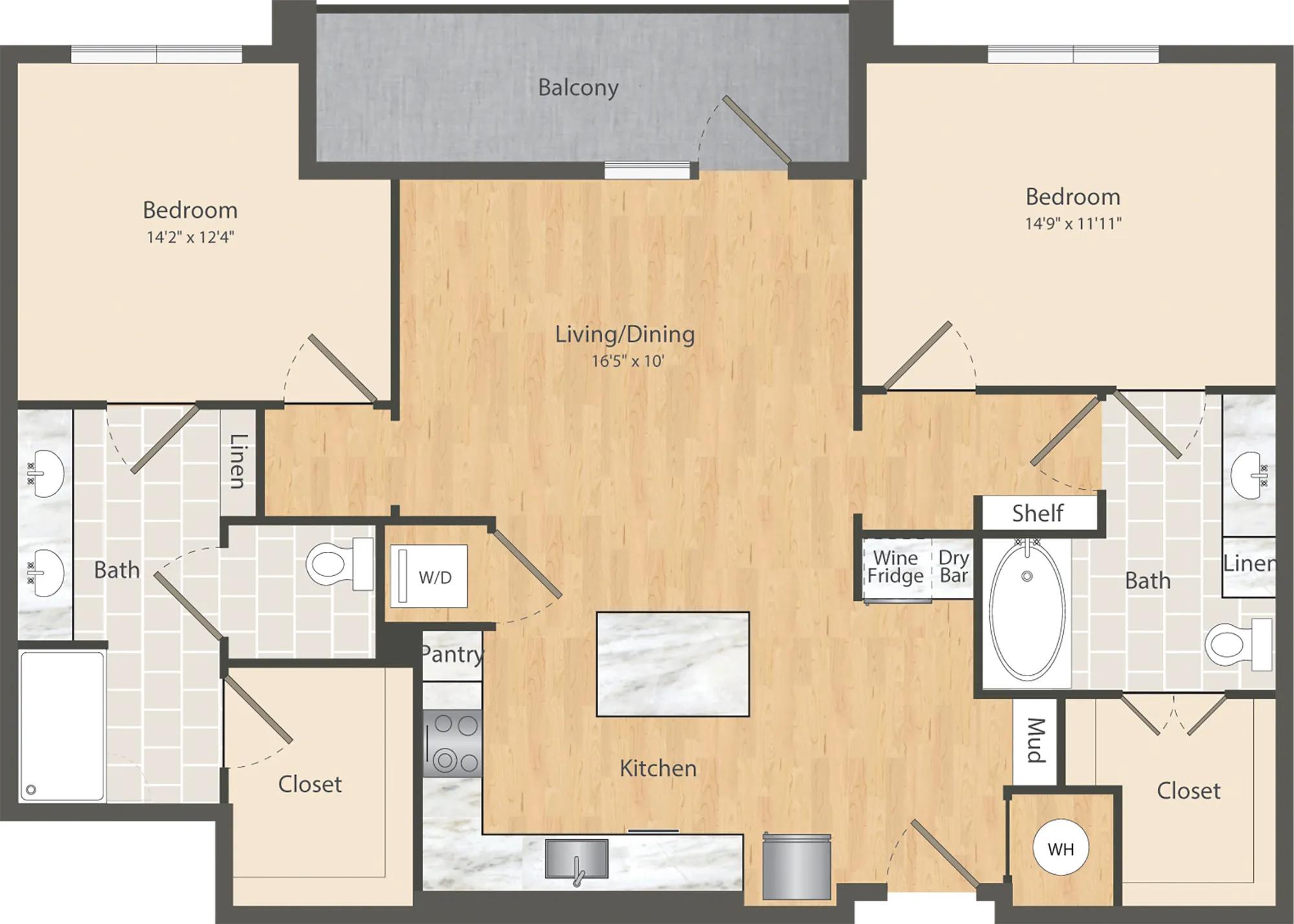 1224 square foot two bedroom two bath apartment floor plan in Dallas, TX