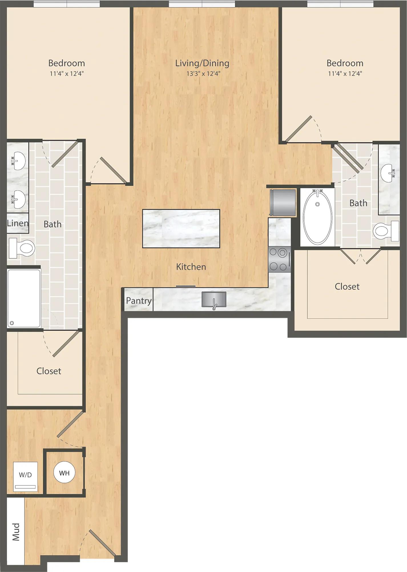 1267 square foot two bedroom two bath apartment floor plan in Dallas, TX