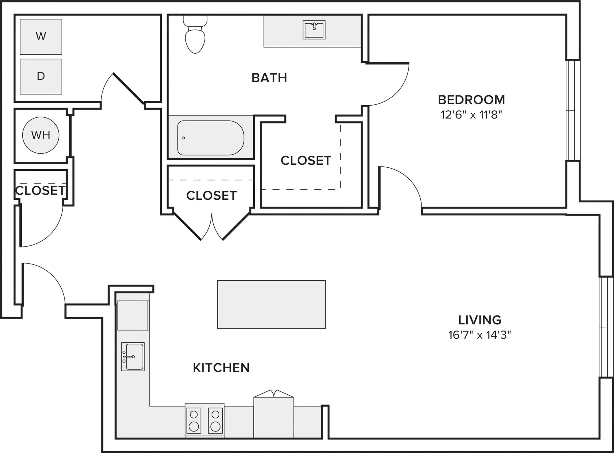 850 square foot one bedroom one bath apartment floor plan in Houston, TX