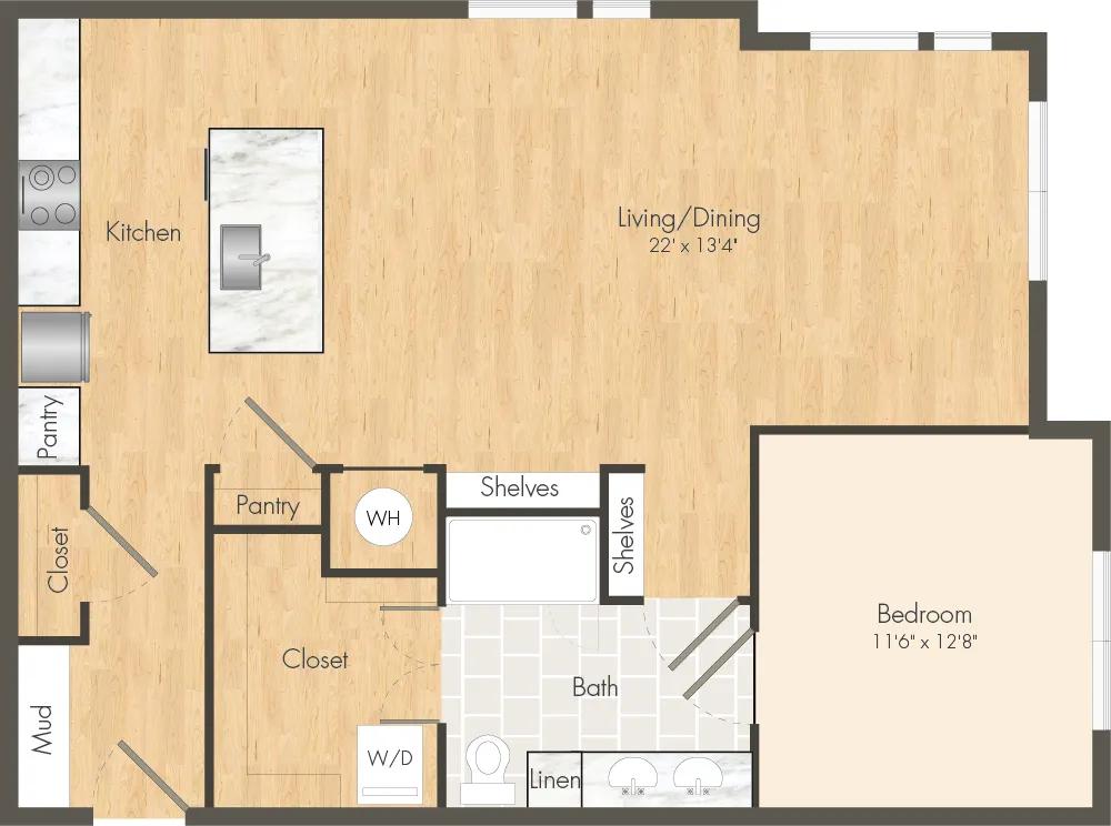 933 square foot one bedroom one bath apartment floor plan in Dallas, TX