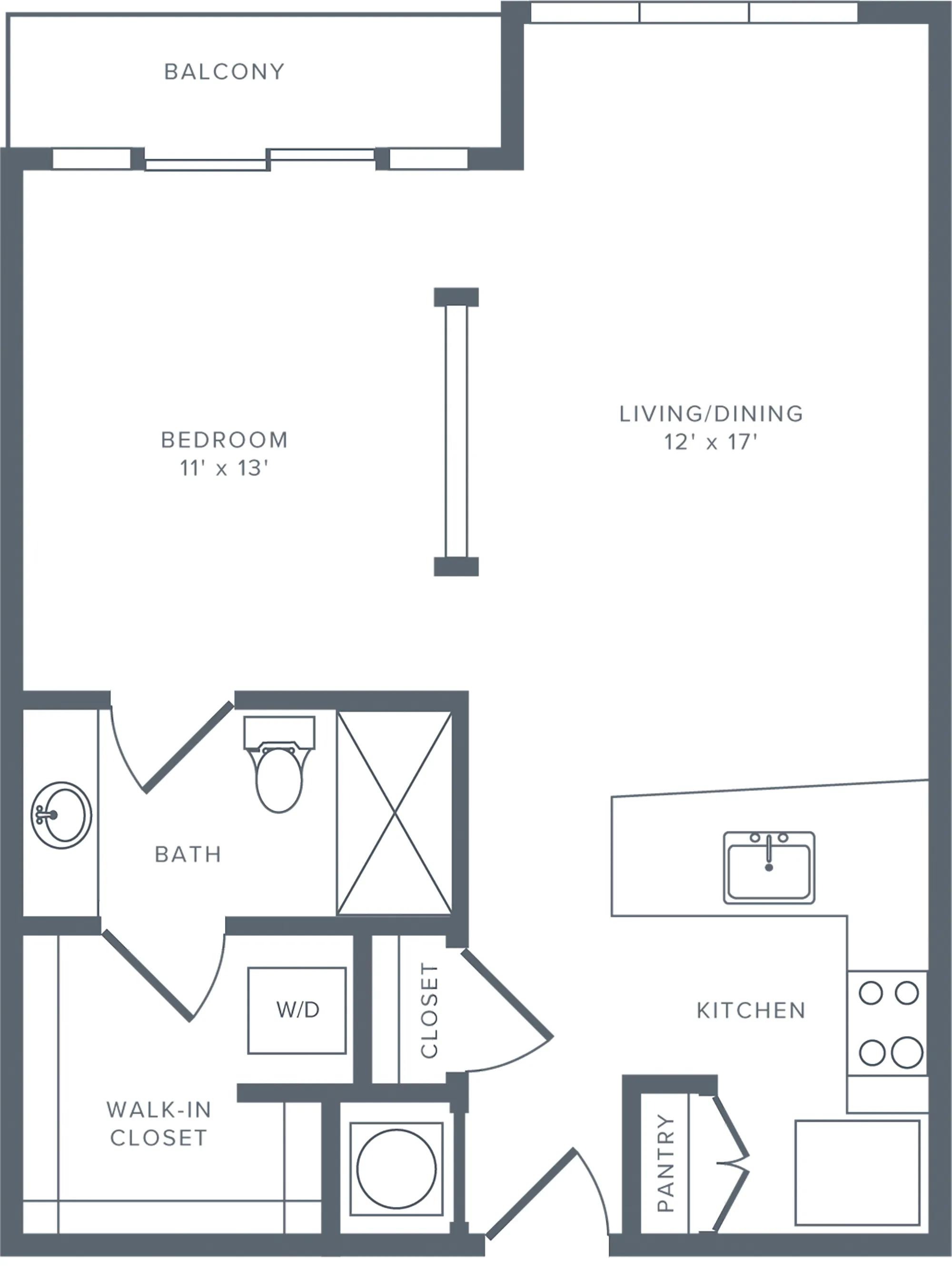 699 square foot studio one bath floorplan image
