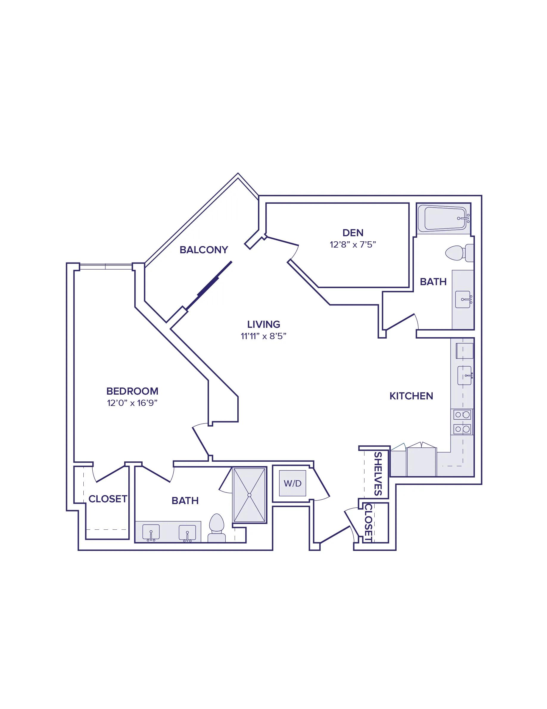 1002 square foot one bed one bath with den apartment floor plan image