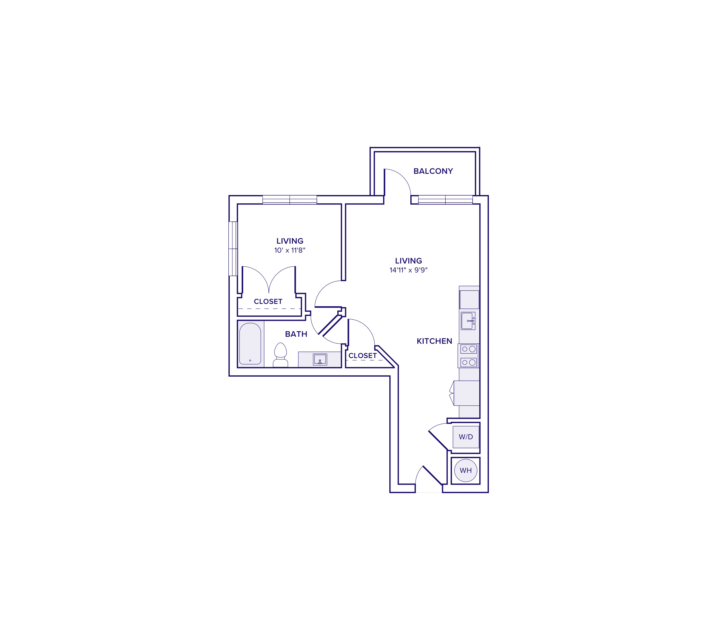653 square foot one bed one bath apartment floor plan in Atlanta, GA