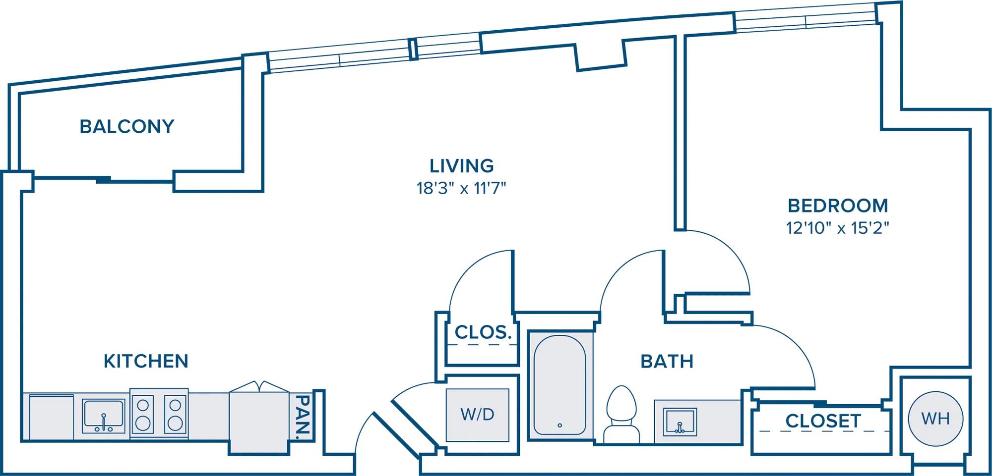 734 square foot one bedroom one bath apartment floorplan image