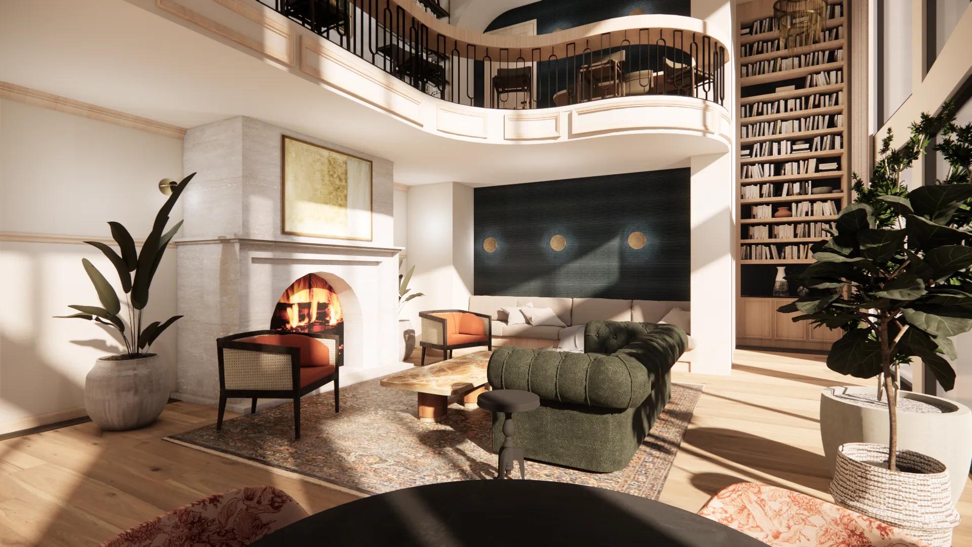 fireplace lounge clubroom rendering modera university park apartment homes for rent in denver co