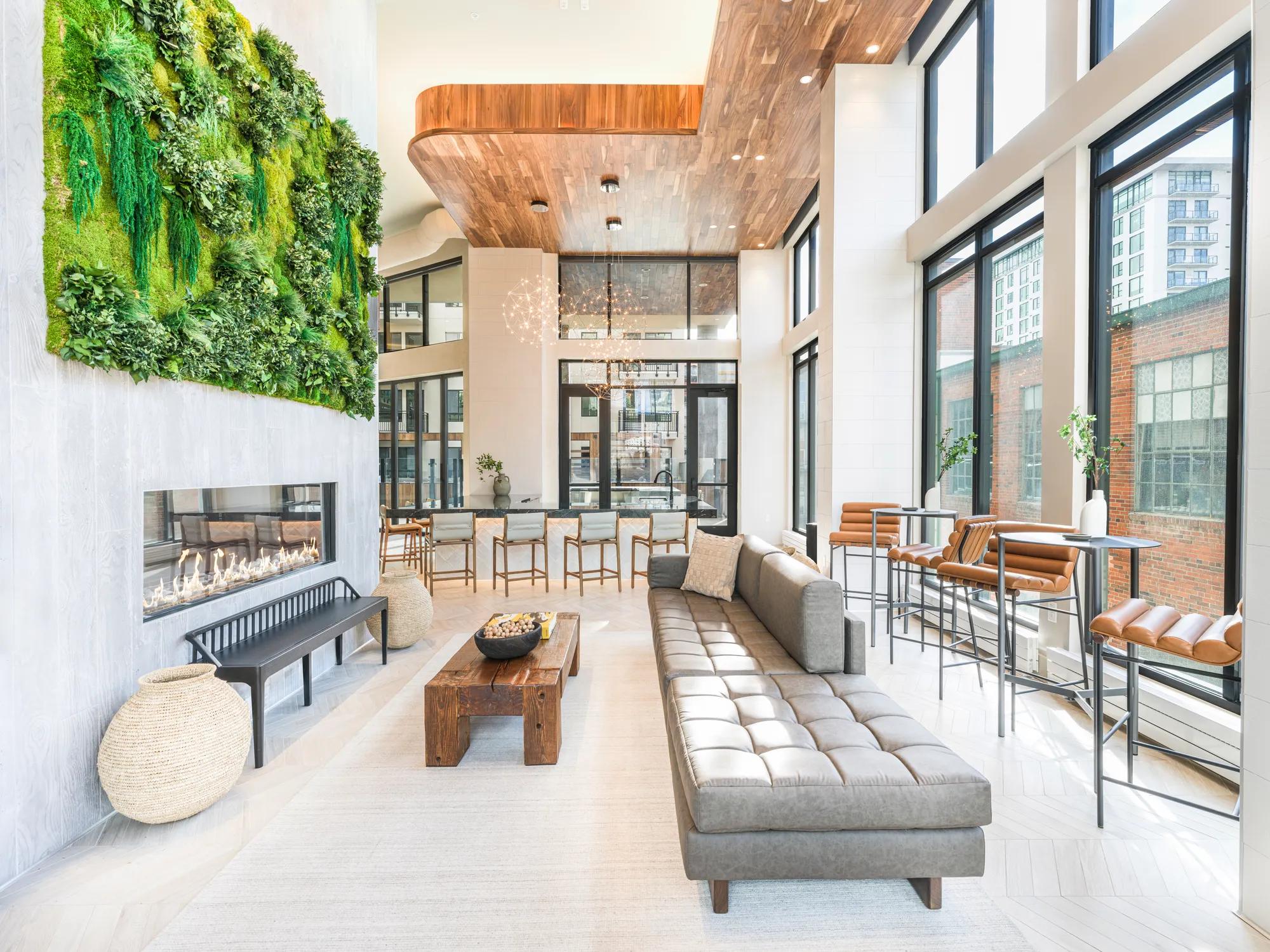 lobby view with large windows rendering modera golden triangle apartment homes for rent in denver co
