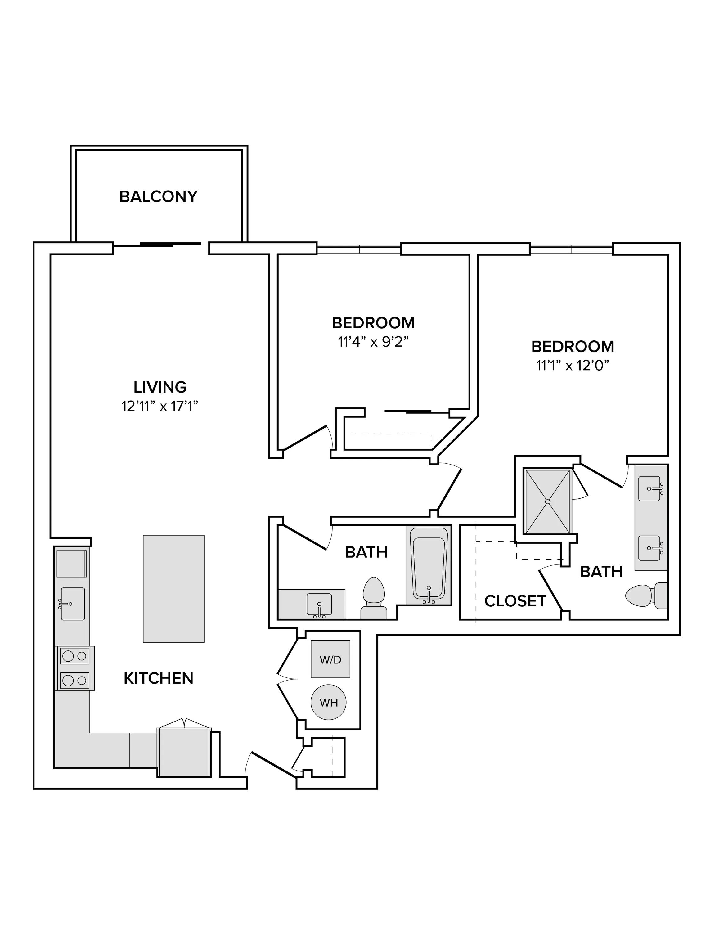 1032 square foot two bed two bath apartment floor plan image