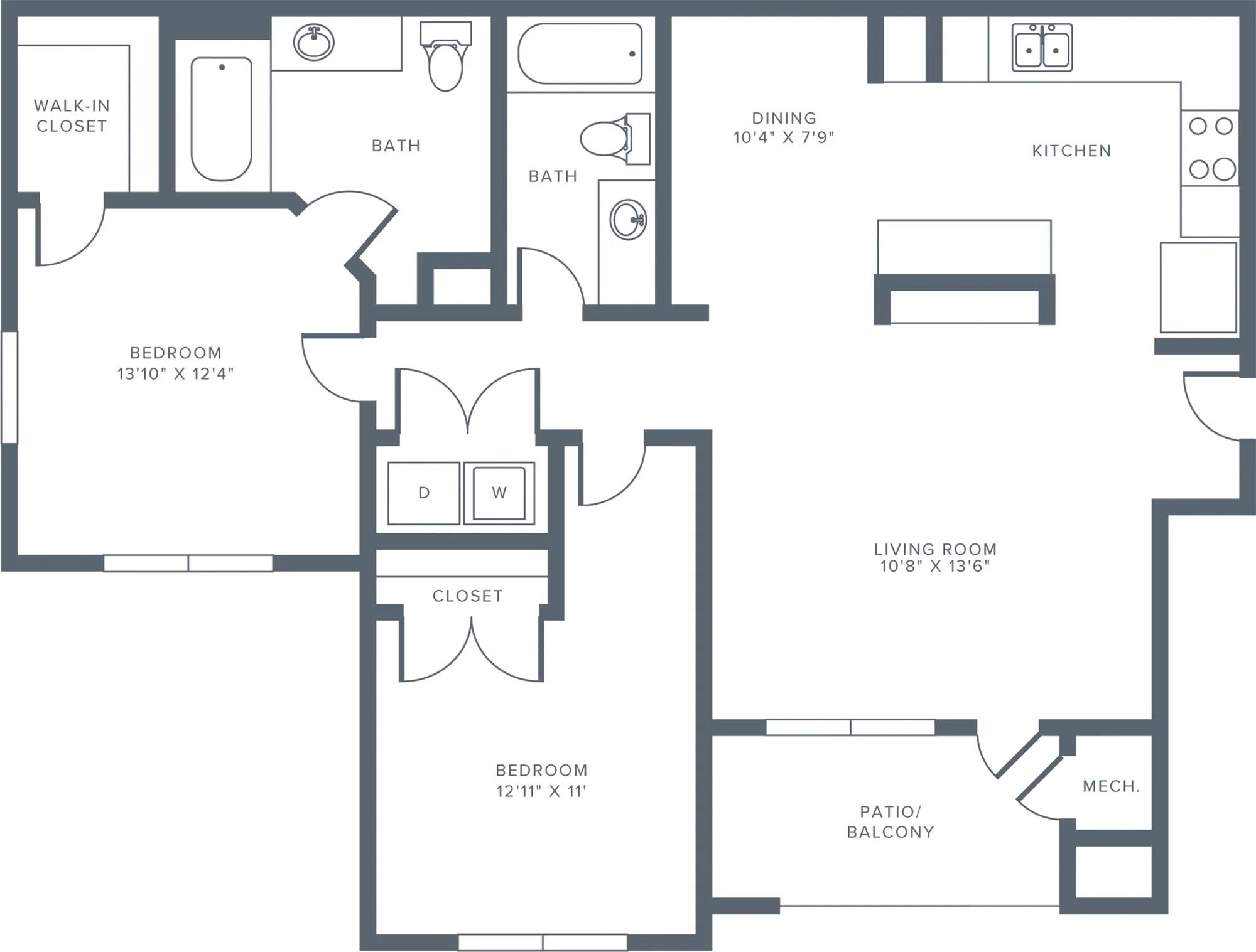 1158 square foot two bedroom two bath apartment floorplan image