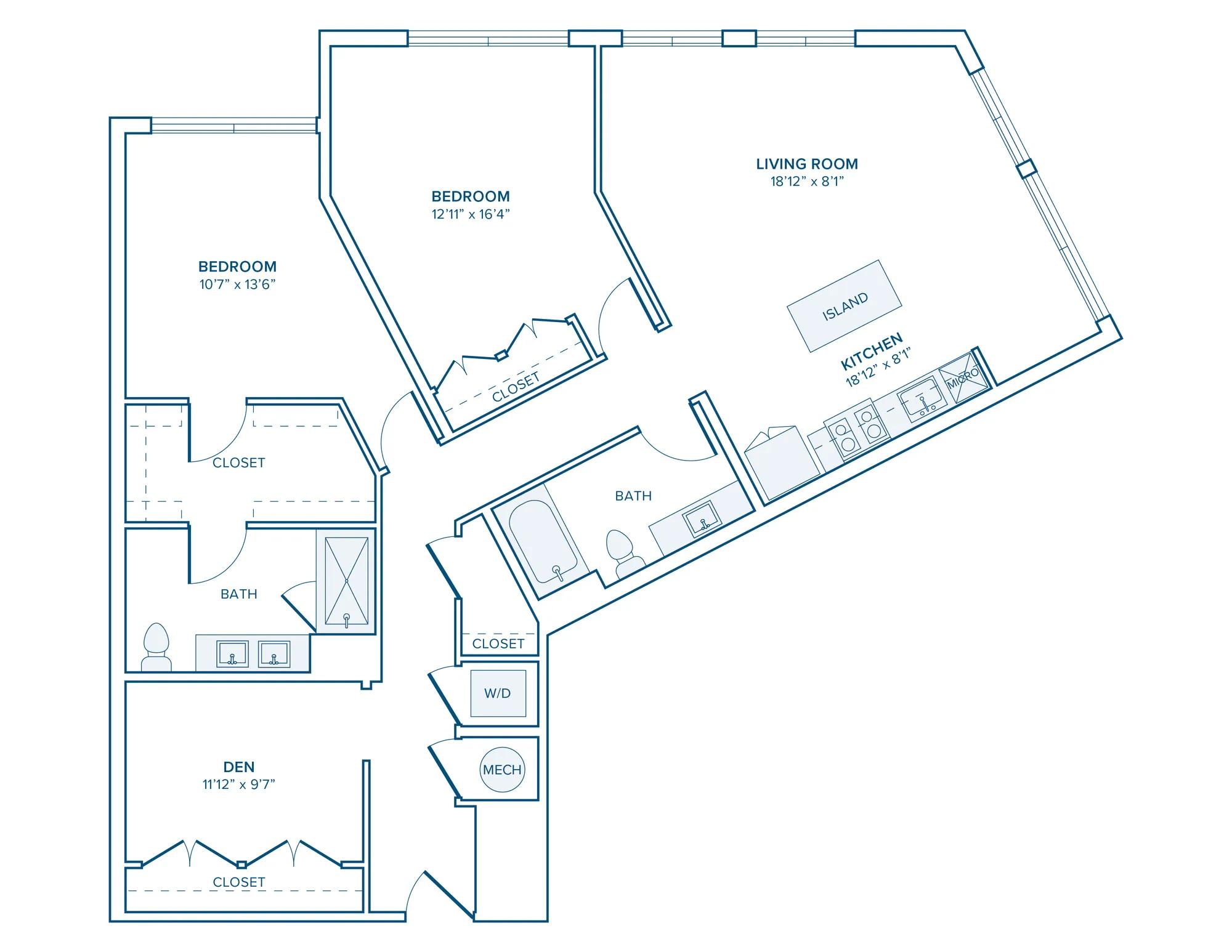 1410 square foot two bed two bath apartment floor plan in D.C.