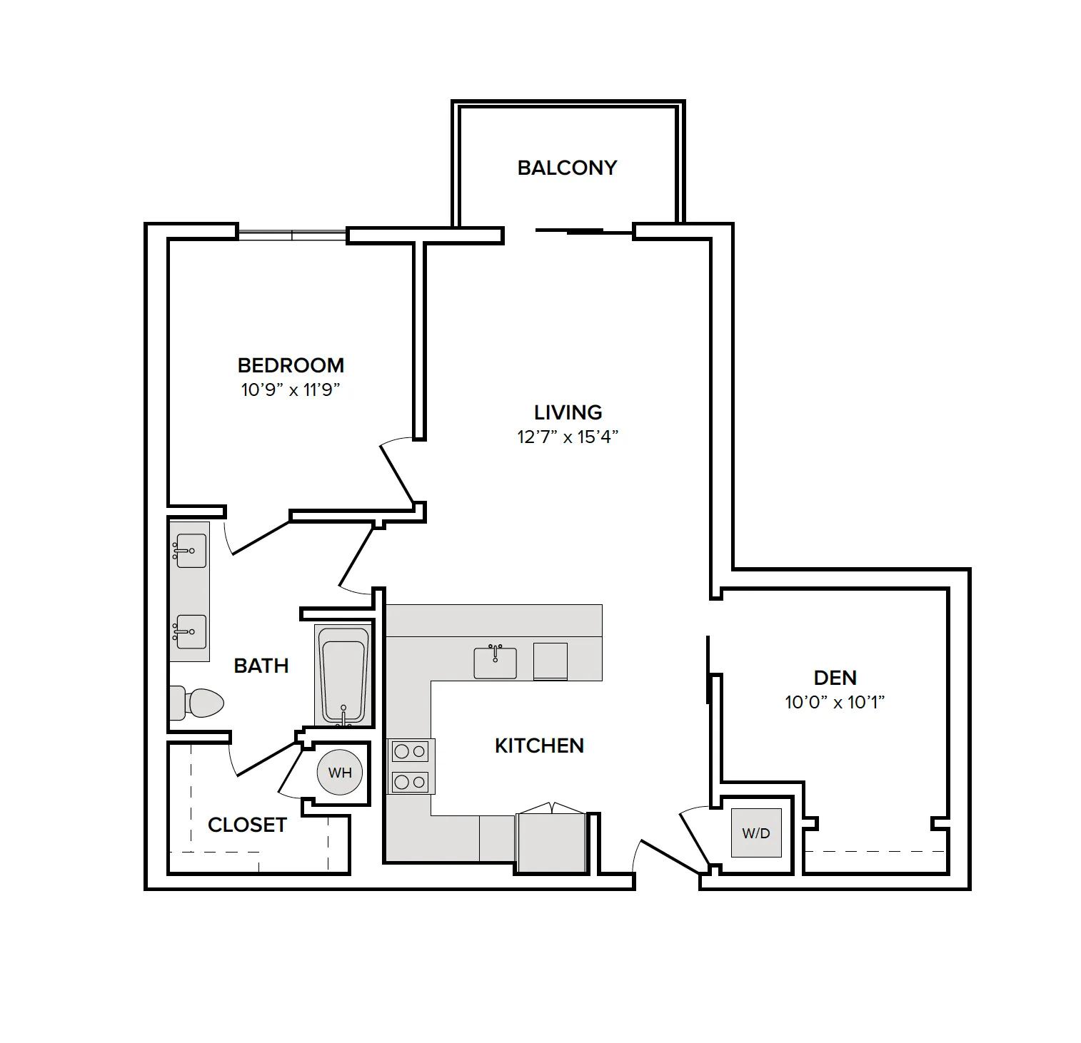 854 square foot one bed one bath with den floor plan image