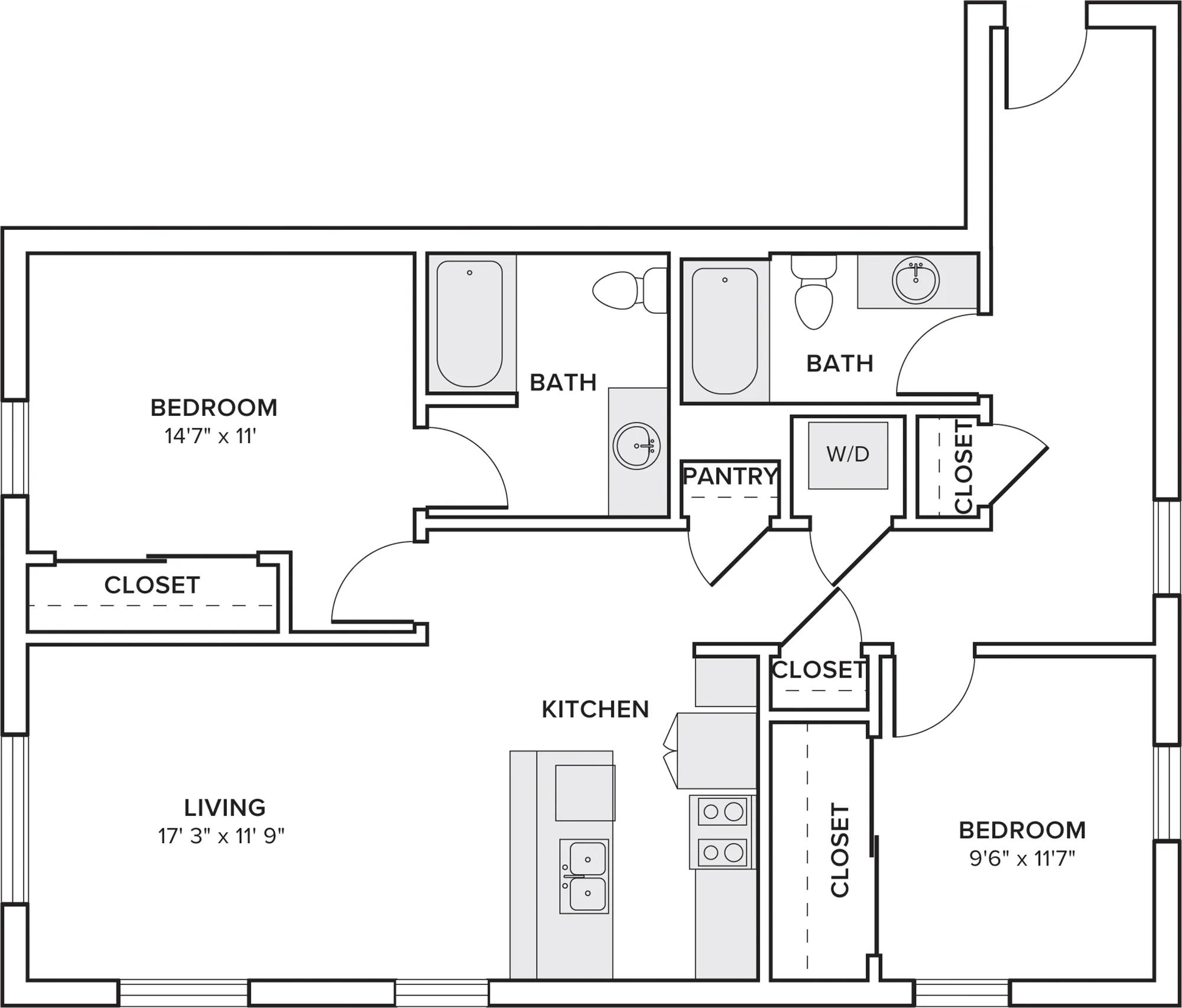 1076 square foot two bedroom two bath apartment floorplan image