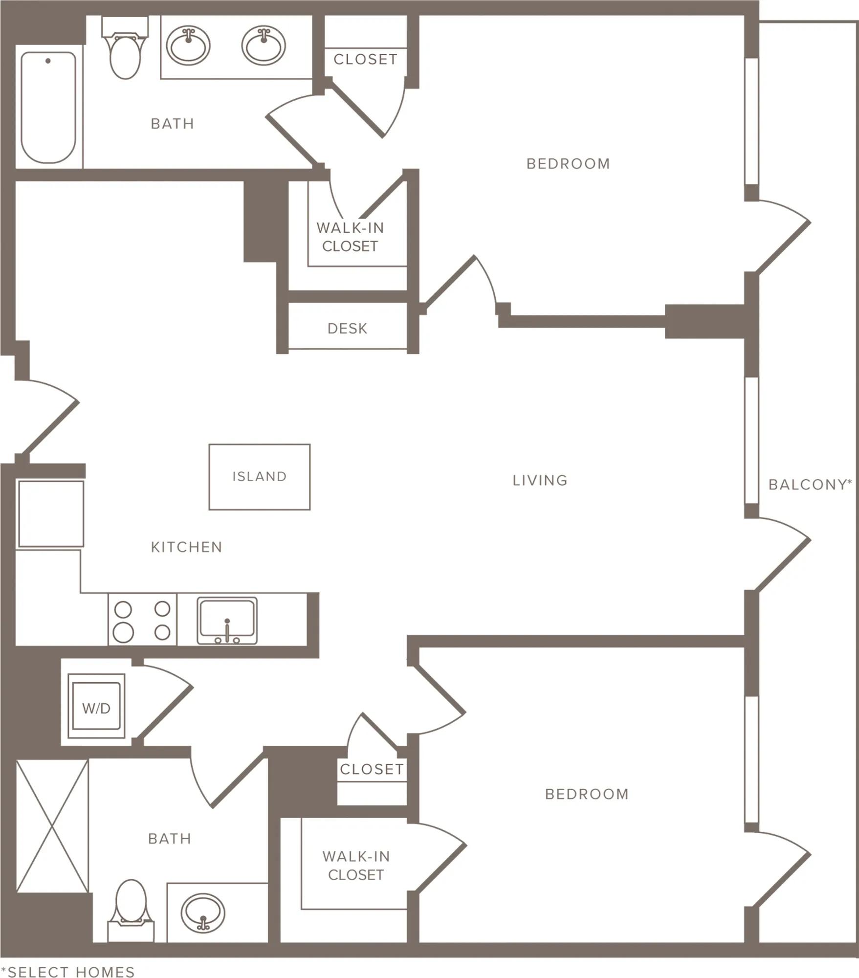1114 square foot two bedroom two bath apartment floorplan image