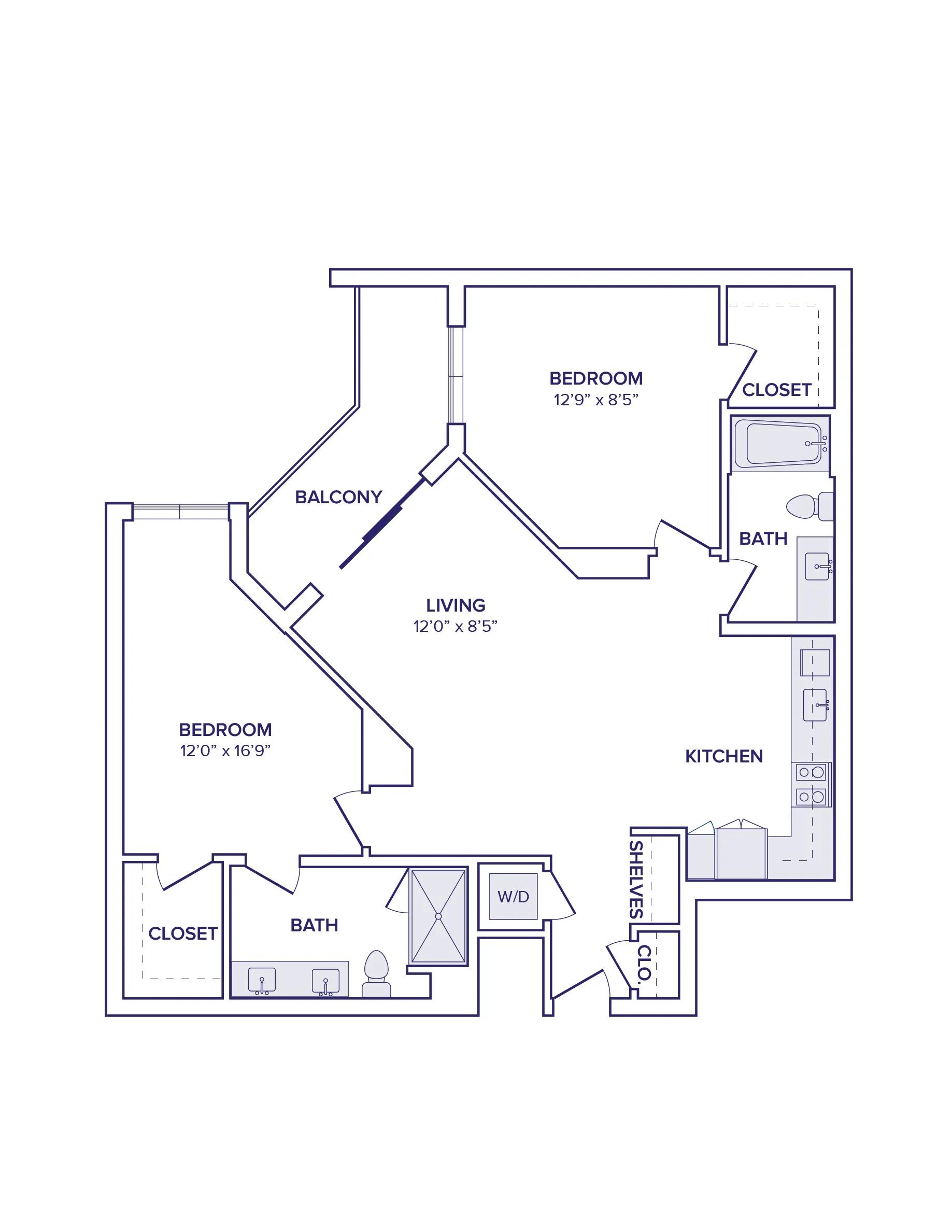 1113 square foot three bed two bath apartment floor plan image