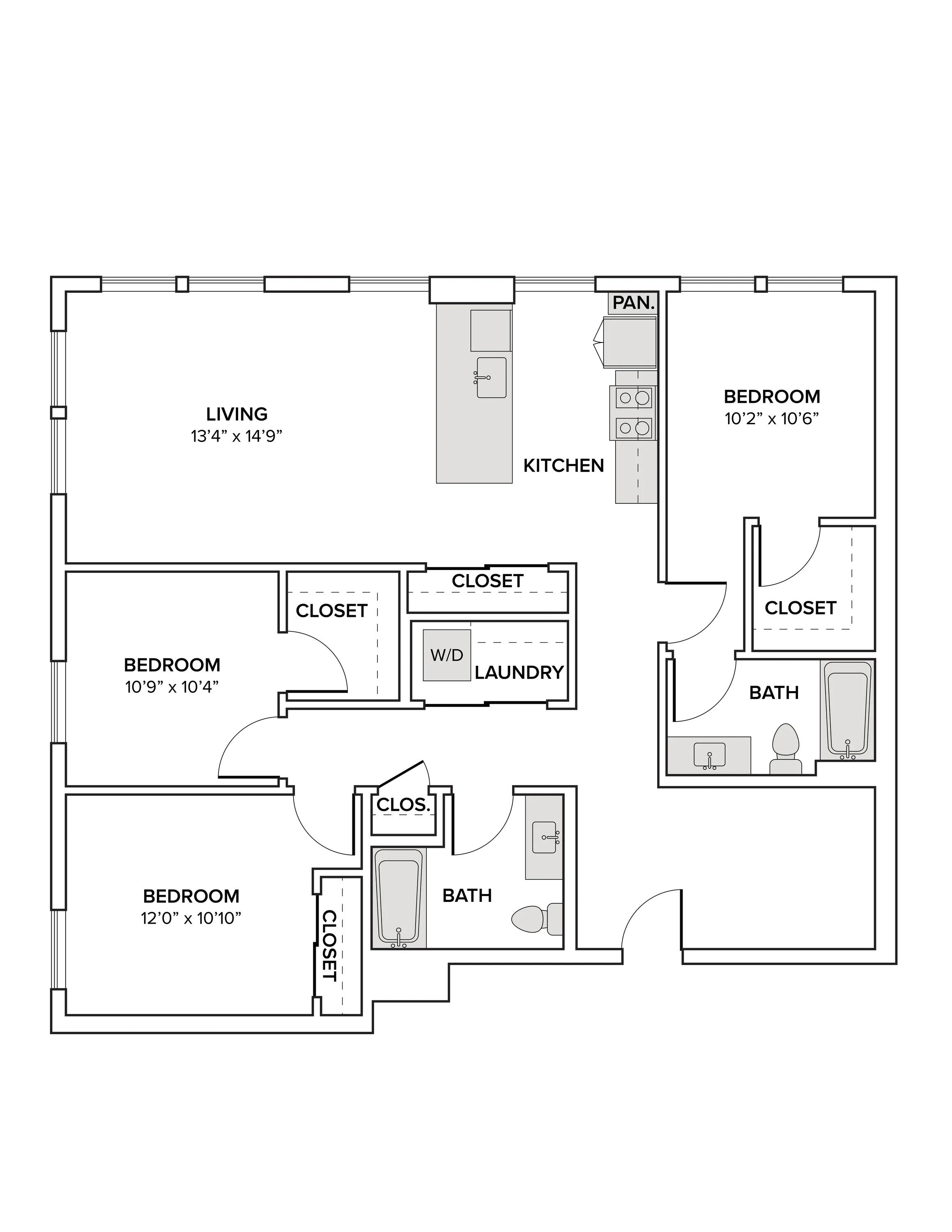 1482 square foot three bedroom two bath with a den apartment floor plan image