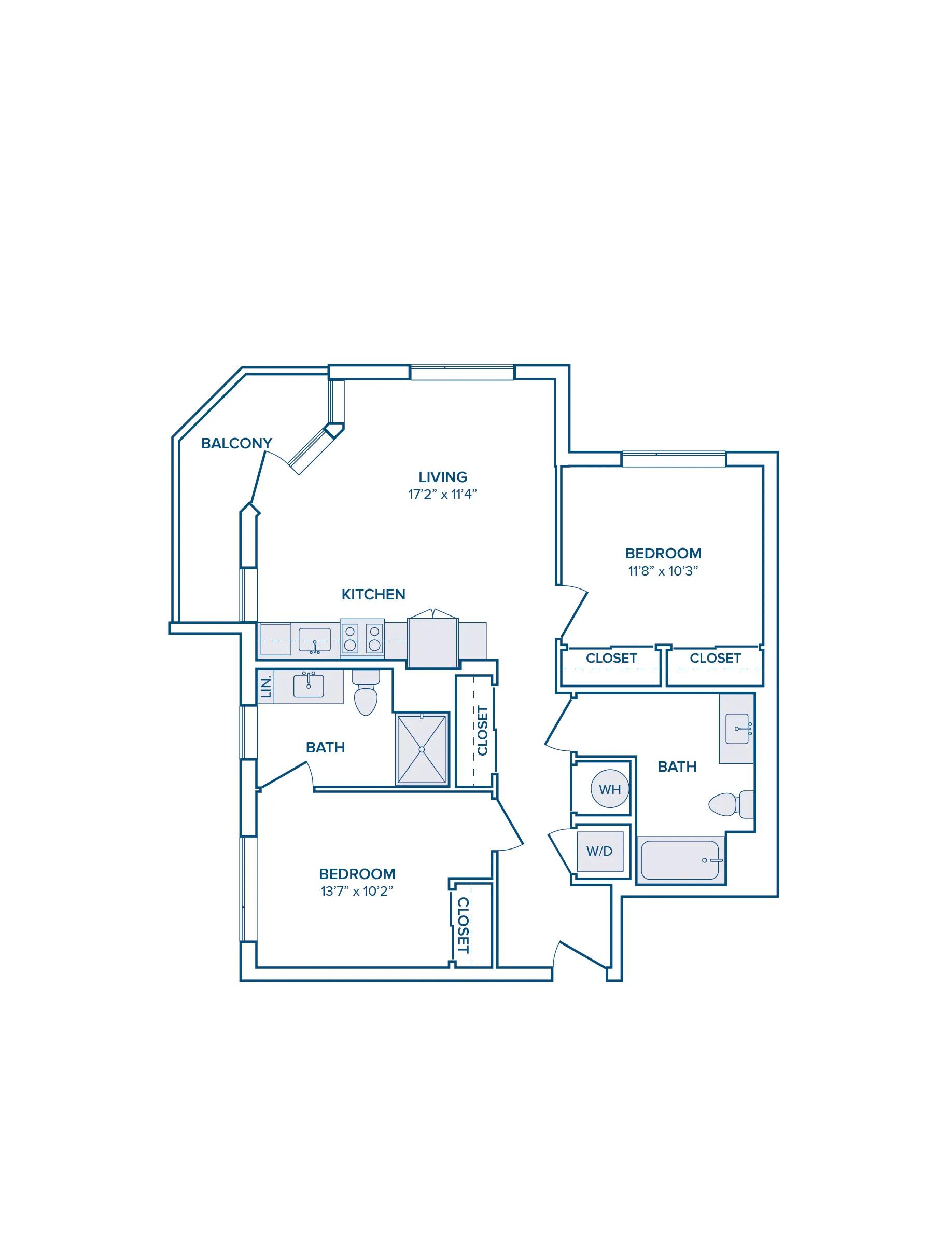 940 square foot two bed two bath floor plan image