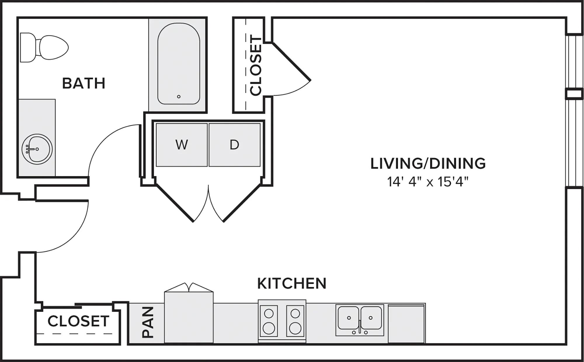 561 square foot studio one bath with full size washer/dryer floor plan image