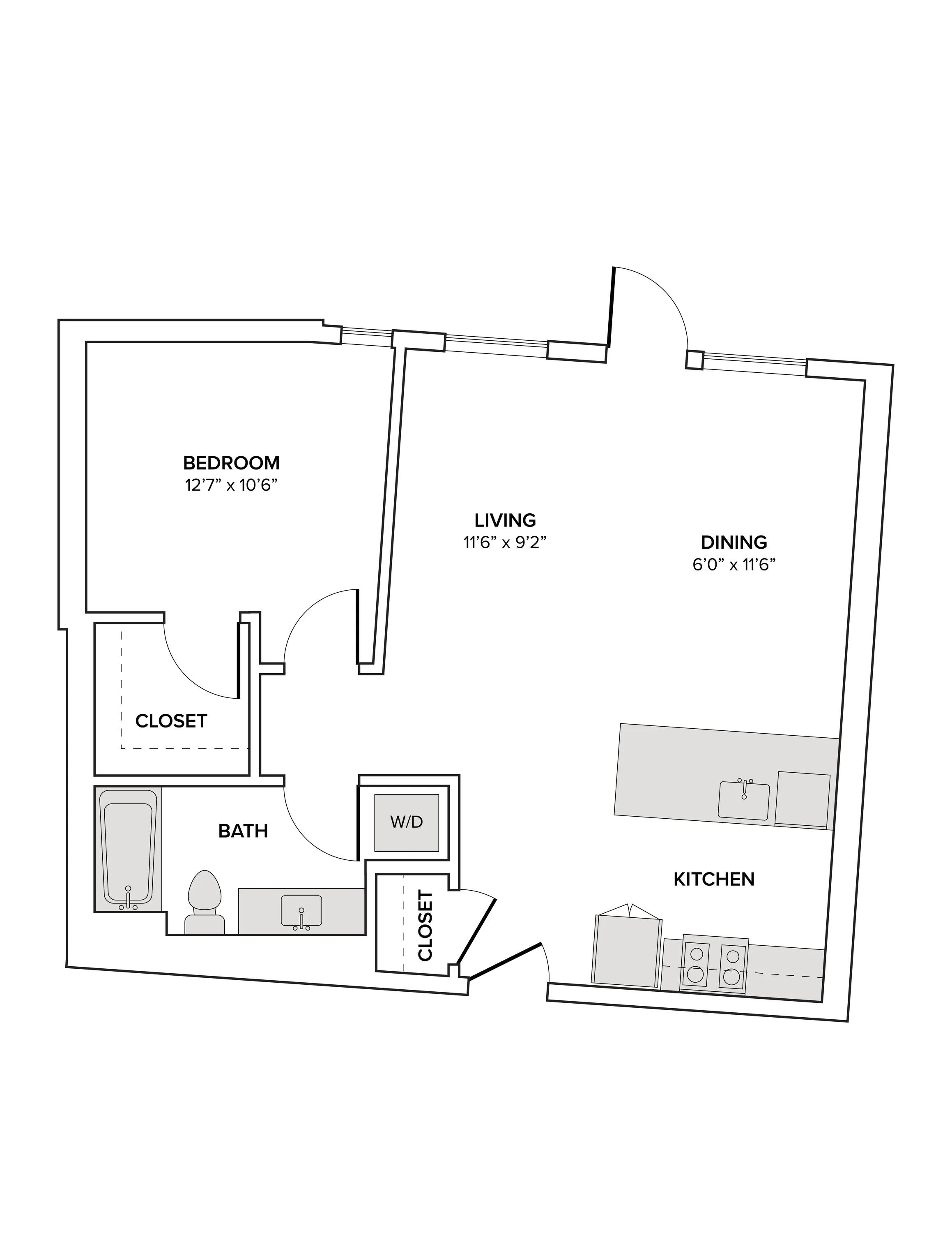 784 square foot one bedroom one bath apartment floor plan image