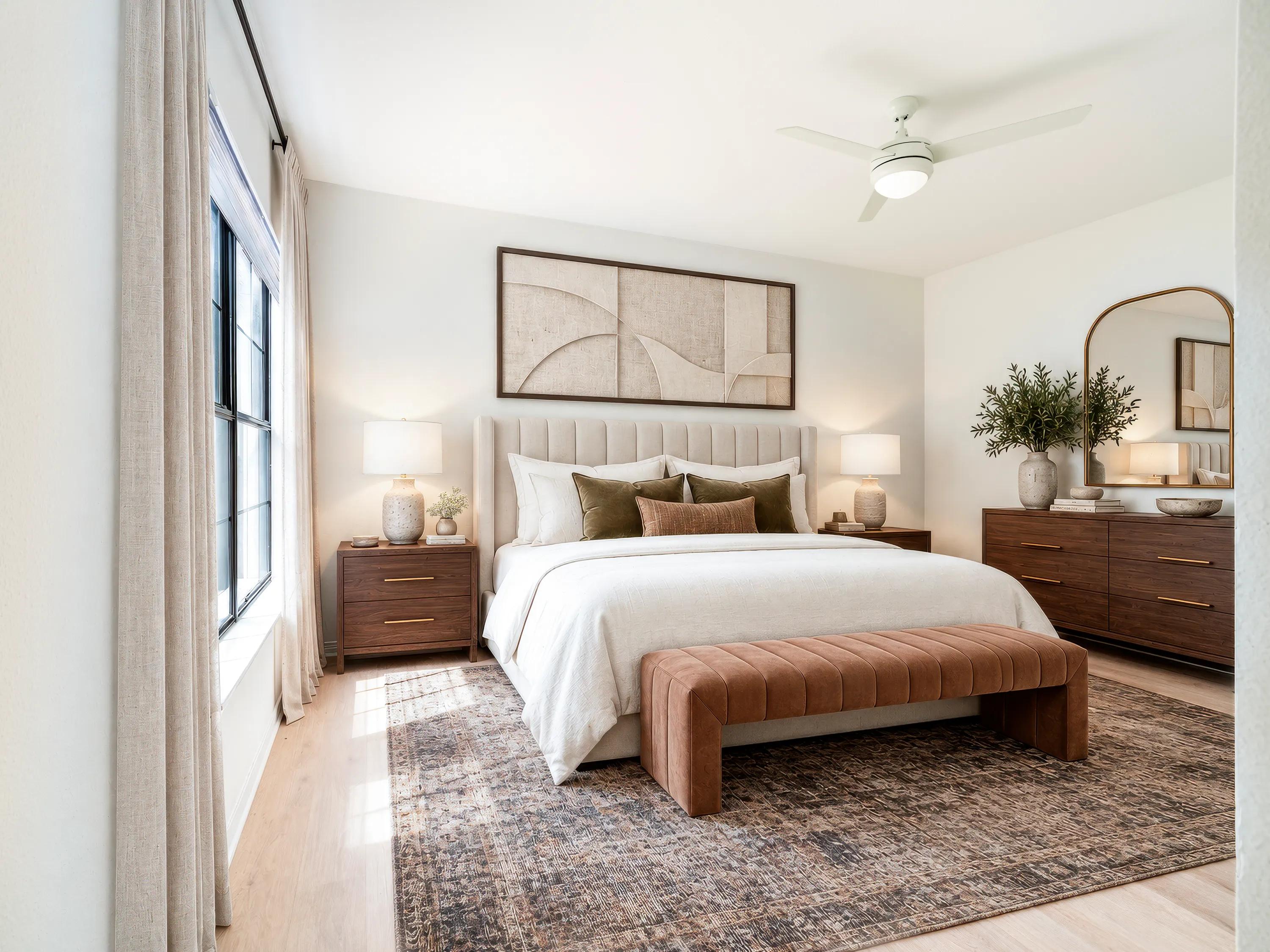 Light finish primary bedroom with oversized windows, wood-style flooring, a ceiling fan, and contemporary design elements at Alister Sunset Valley apartments in Austin, TX.