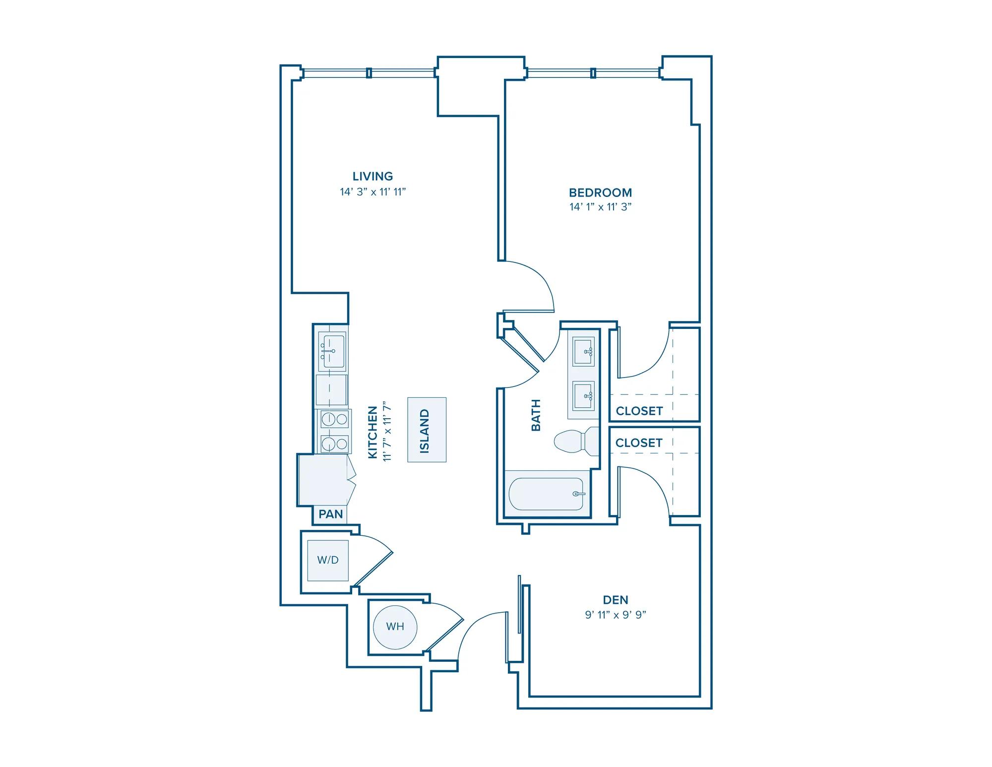 865 square foot one bedroom one bath with den apartment floorplan image