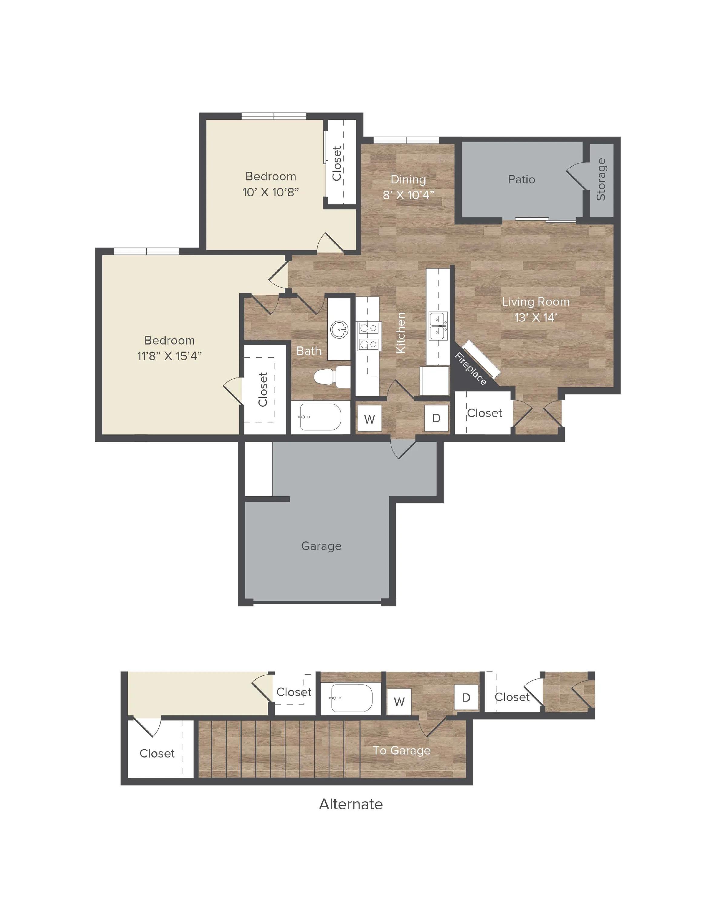 932 square foot two bed two bath with attached garage apartment floor plan in Beaverton, OR