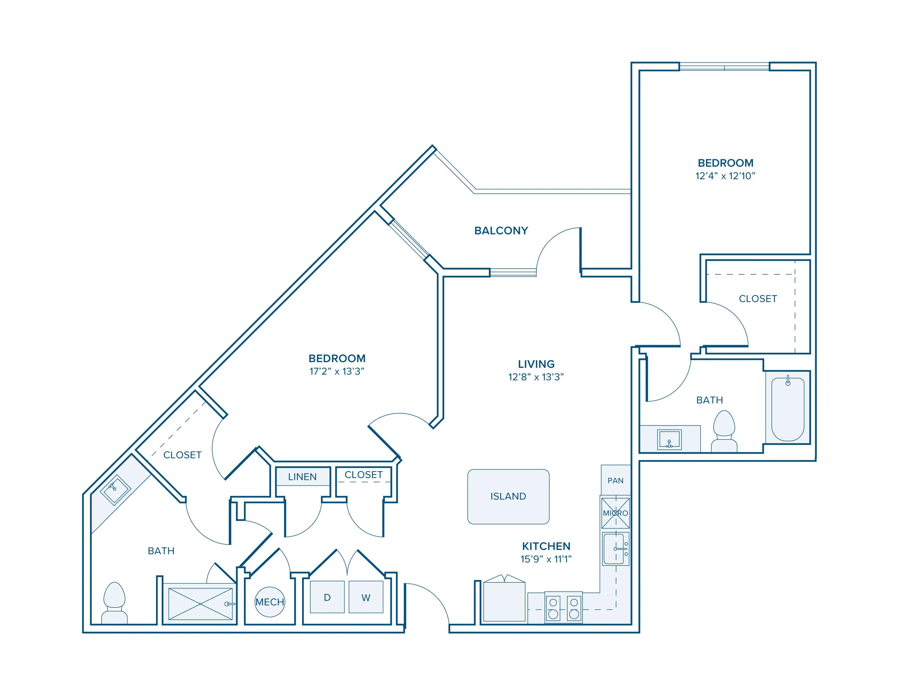 1124 square foot two bedroom two bath apartment floorplan in Charlotte, NC