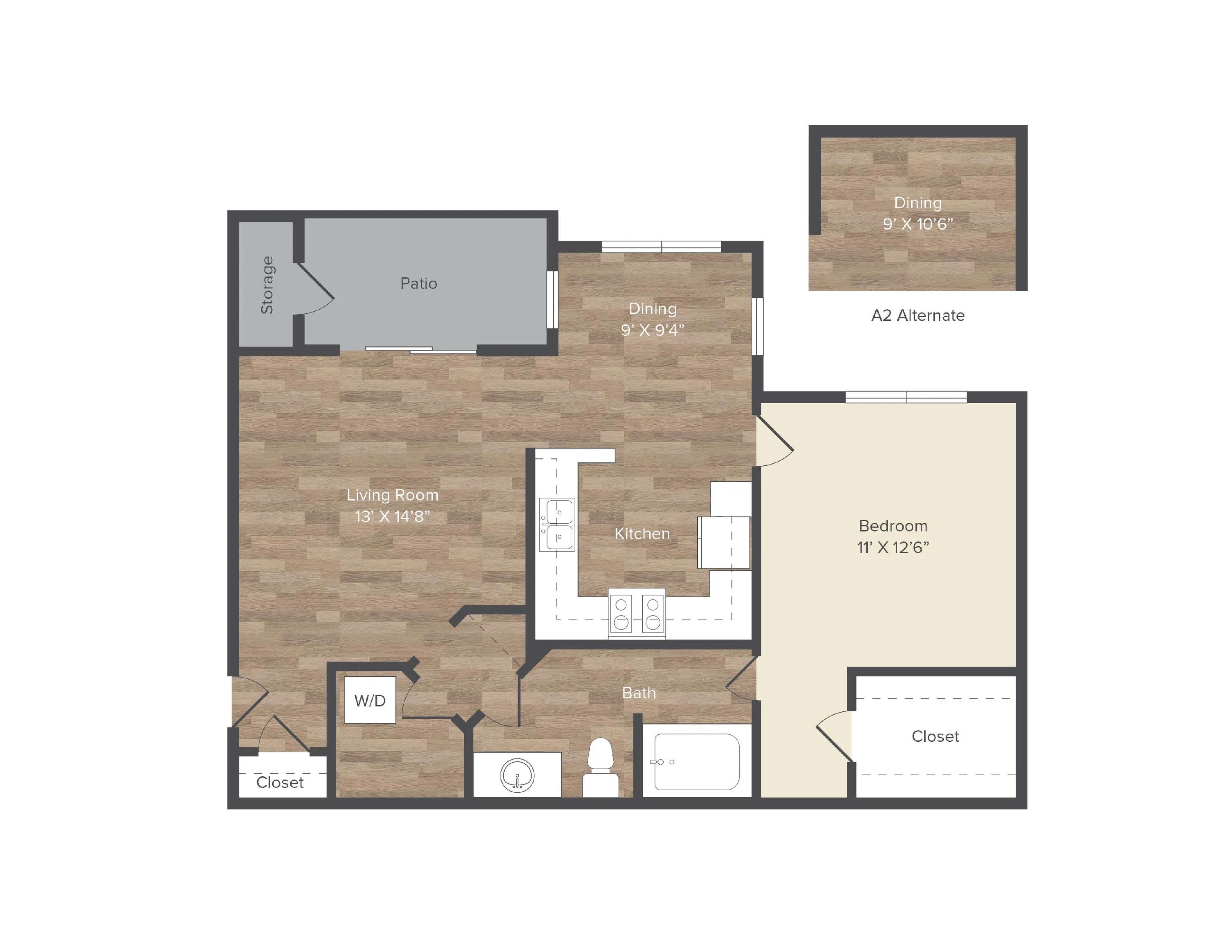 796 square foot one bedroom one bath apartment floor plan in Austin, TX